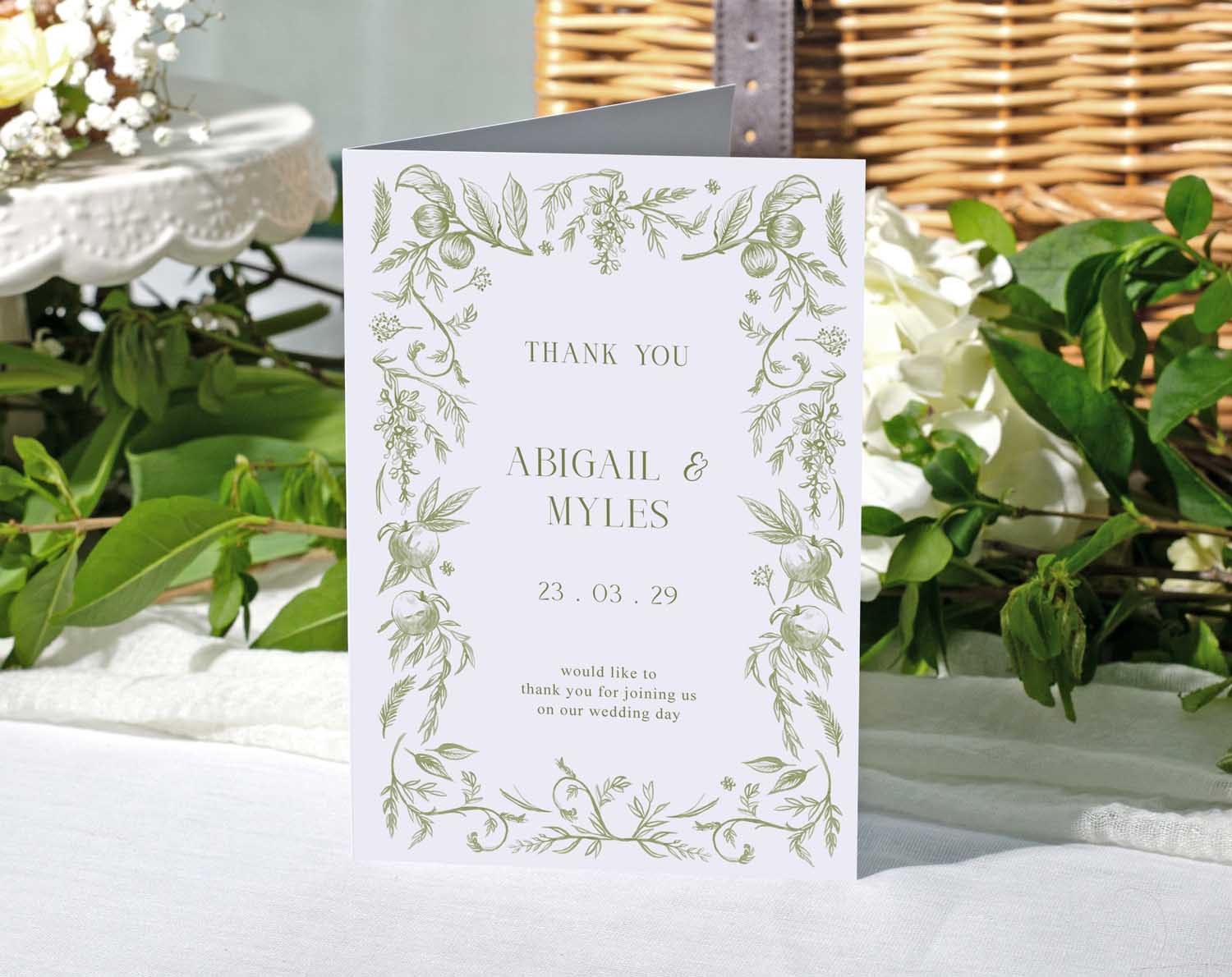 Sage Garden Wedding Thank You Cards featuring elegant greenery design and heartfelt message for guests.