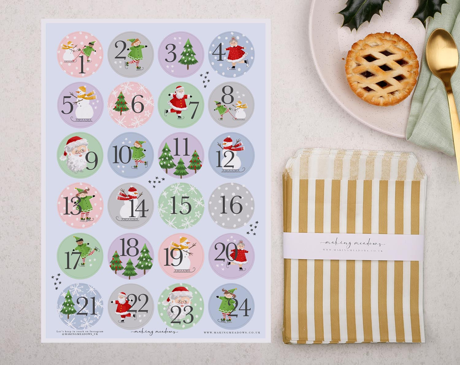 Santa Christmas Advent Calendar With Bronze Bags. Advent Calendars designed by Making Meadows