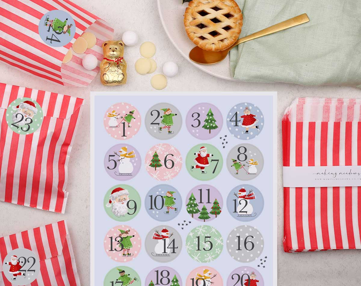 Santa Christmas Advent Calendar With Red Bags. Advent Calendars designed by Making Meadows