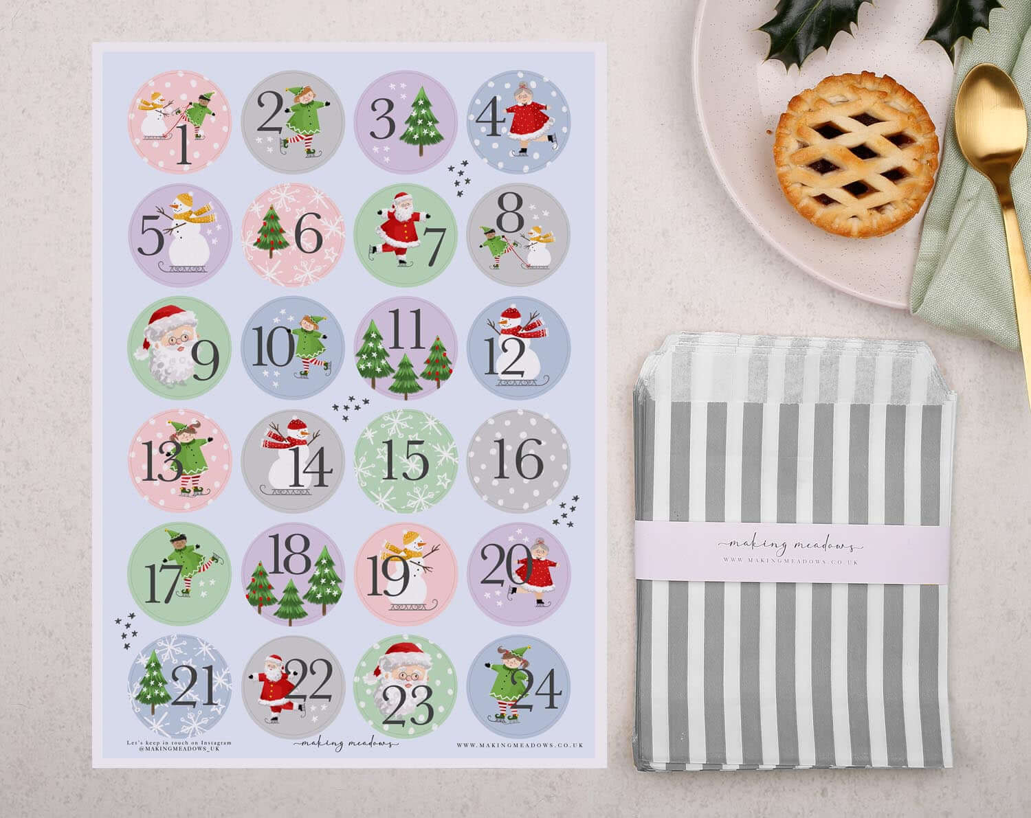Santa Christmas Advent Calendar With Silver Bags. Advent Calendars designed by Making Meadows
