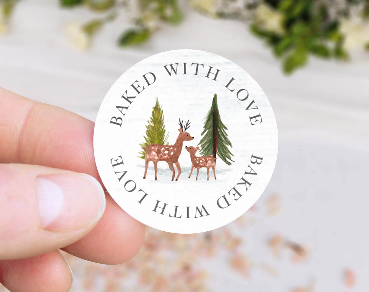 Scandi Christmas Baked With Love Stickers featuring deer and trees for festive bakes and gifts.