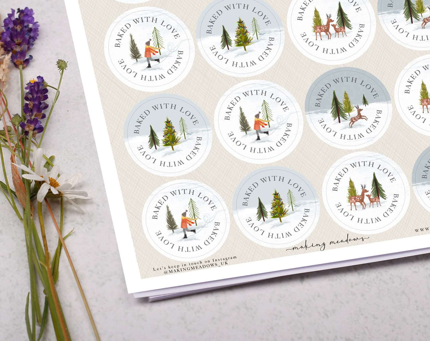 Scandi Christmas Baked With Love Stickers featuring woodland scenes and festive designs for holiday packaging.