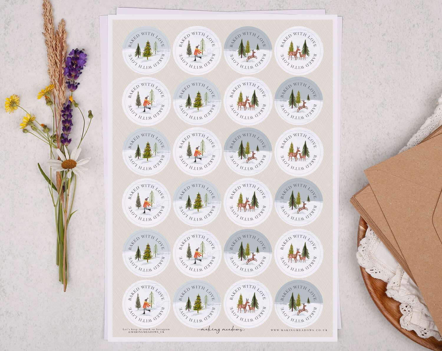 Scandi Christmas Baked With Love Stickers featuring Scandinavian designs for festive bakes and holiday gifting.
