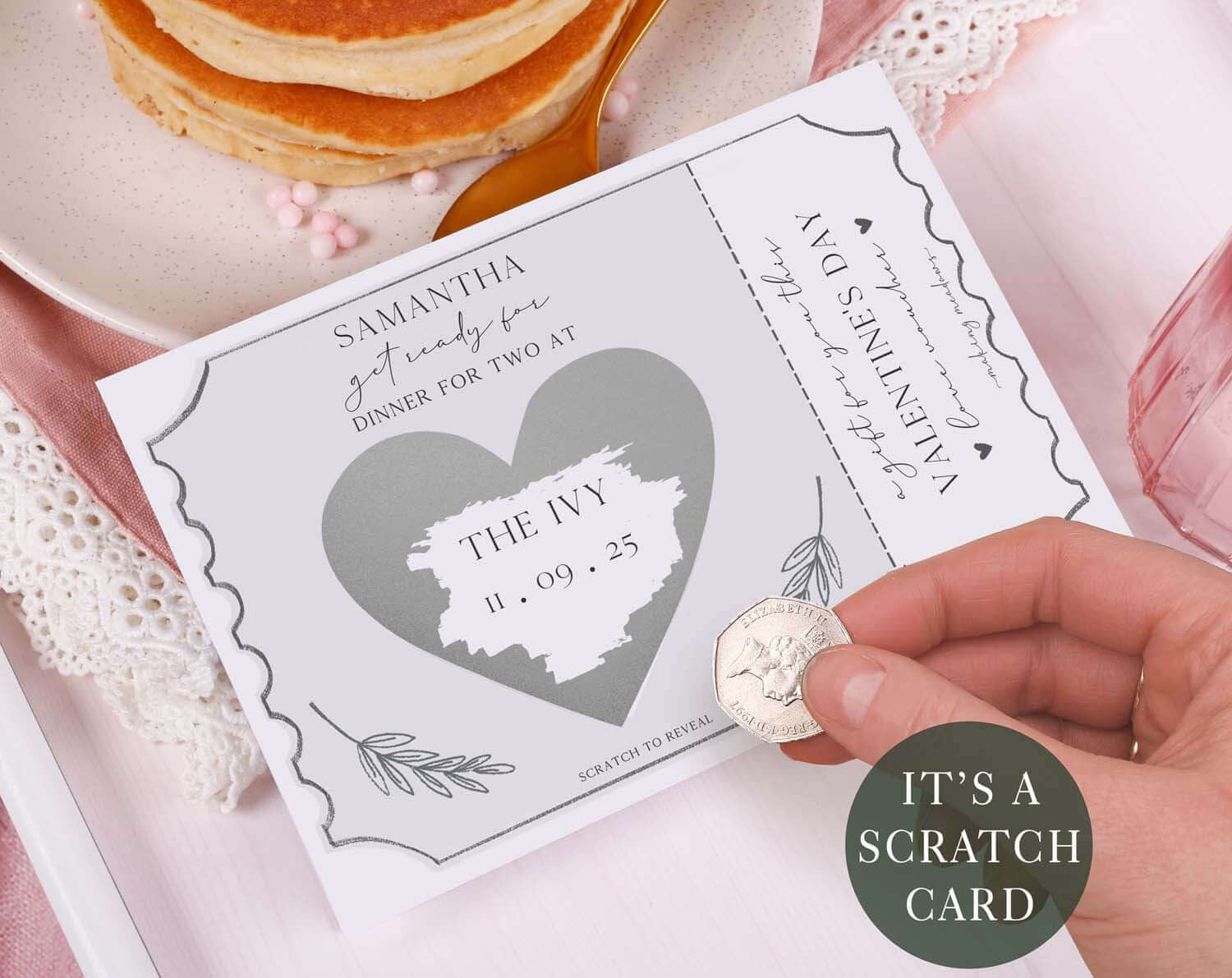 Silver Surprise Meal Gift Reveal Scratch Card. Greeting & Note Cards designed by Making Meadows