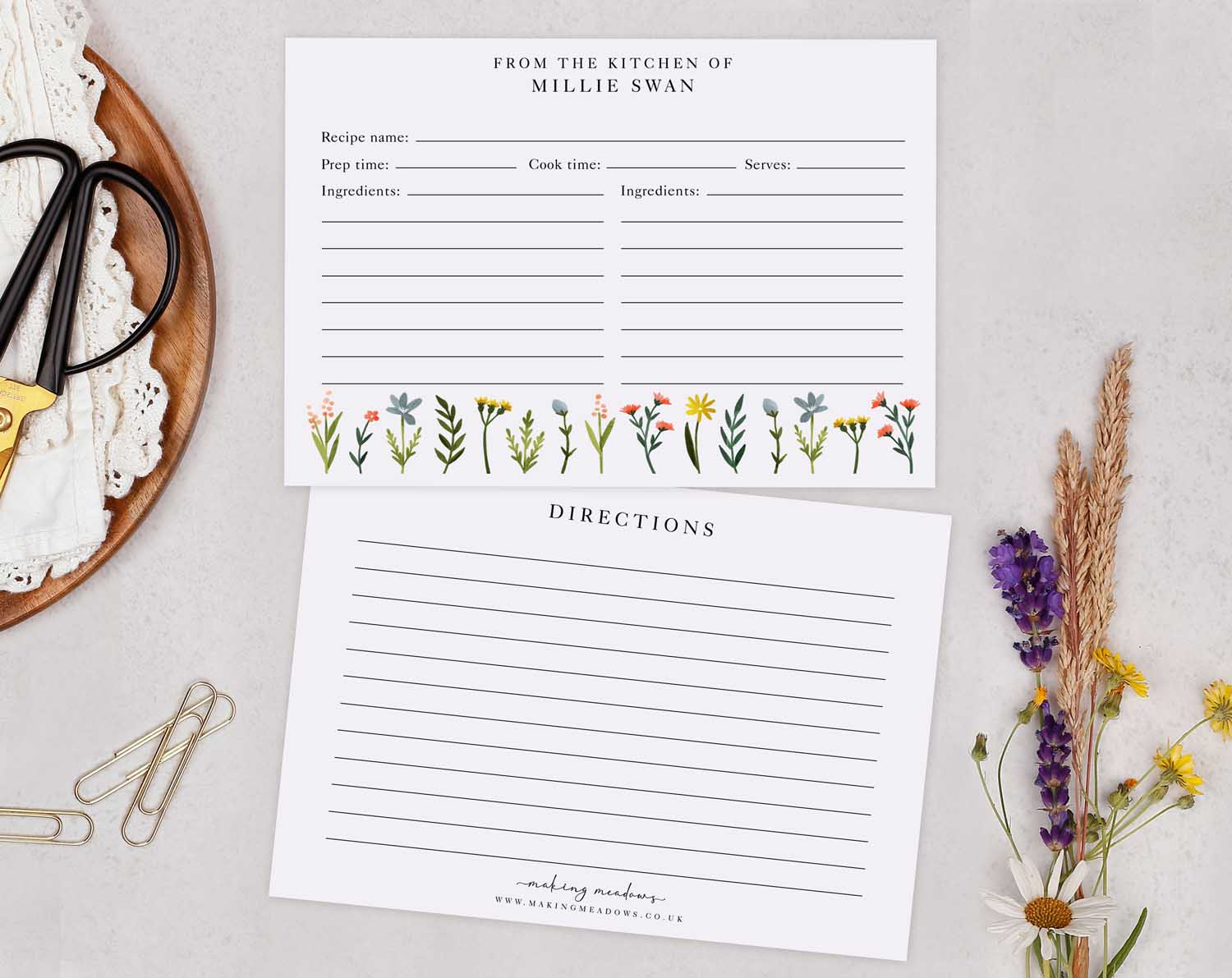 Spring Flowers Recipe Cards featuring floral design, recipe details, and cooking instructions on a stylish layout.