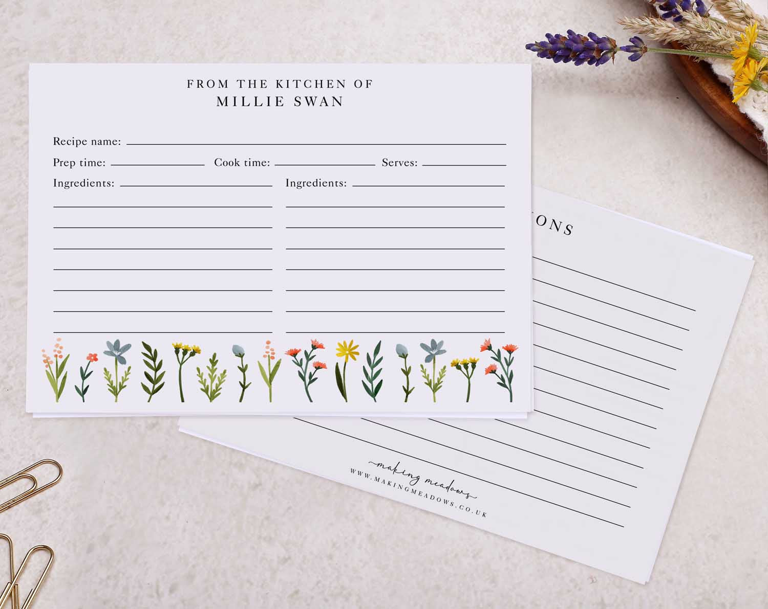 Spring Flowers Recipe Cards design featuring floral illustrations and space for recipe details.