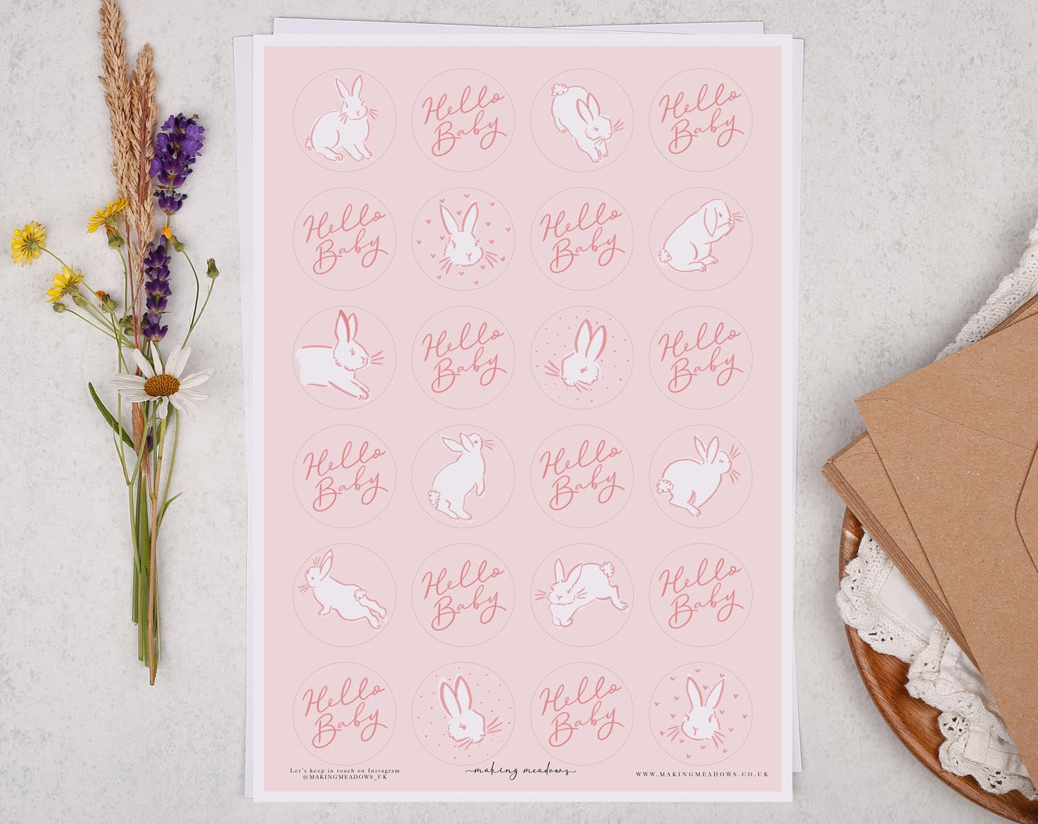 'Hello Baby' Pink Bunny Sticker Sheet