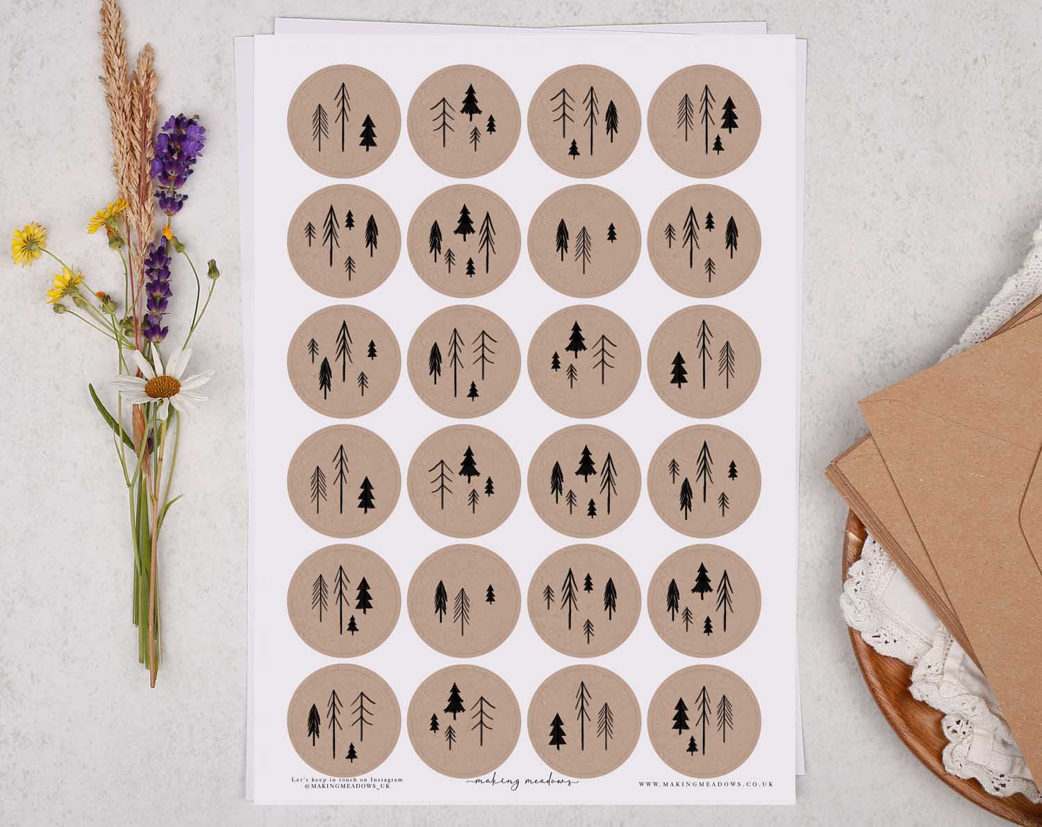 Kraft tree sticker sheets are A4 sized. On each sticker sheet is 24 circle stickers. Each sticker measures 4cm diameter