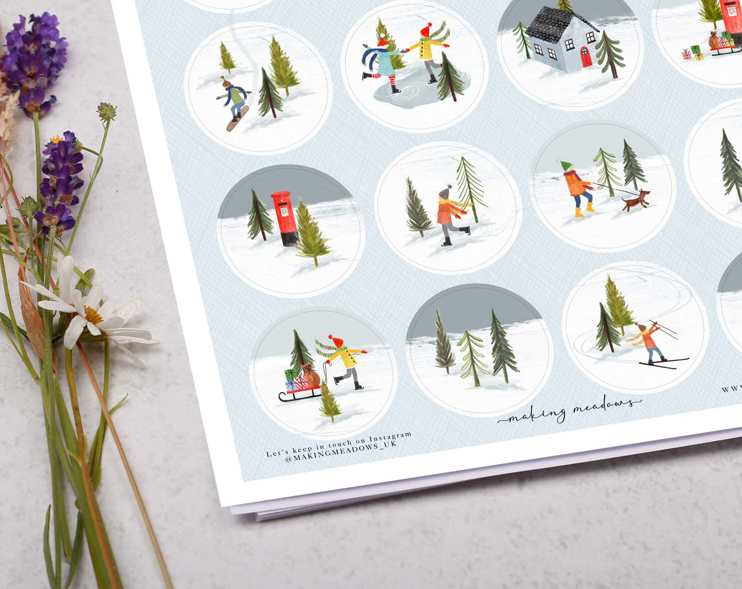 These lovely Christmas village sticker sheets are A4 sized. On each sticker sheet is 24 circle stickers. Each sticker measures 4cm diameter.