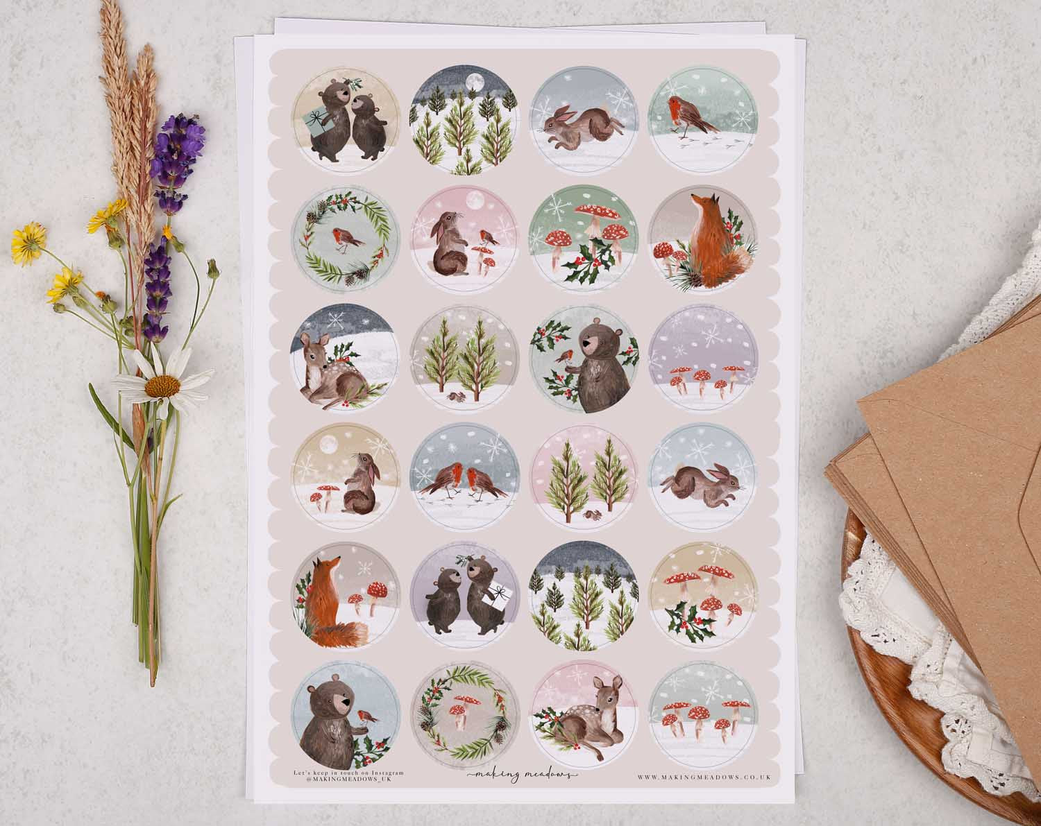 lovely woodland animals, Christmas sticker sheets are A4 sized. On each sticker sheet is 24 circle stickers. Each sticker measures 4cm diameter.
