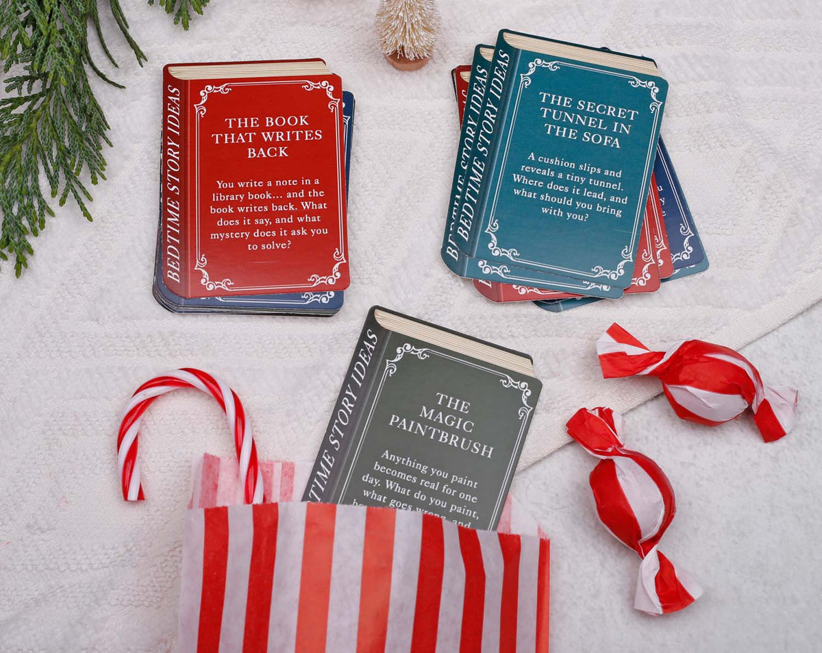 Story Book Idea Advent Calendar with colorful story cards on a festive background, offering creative bedtime stories.