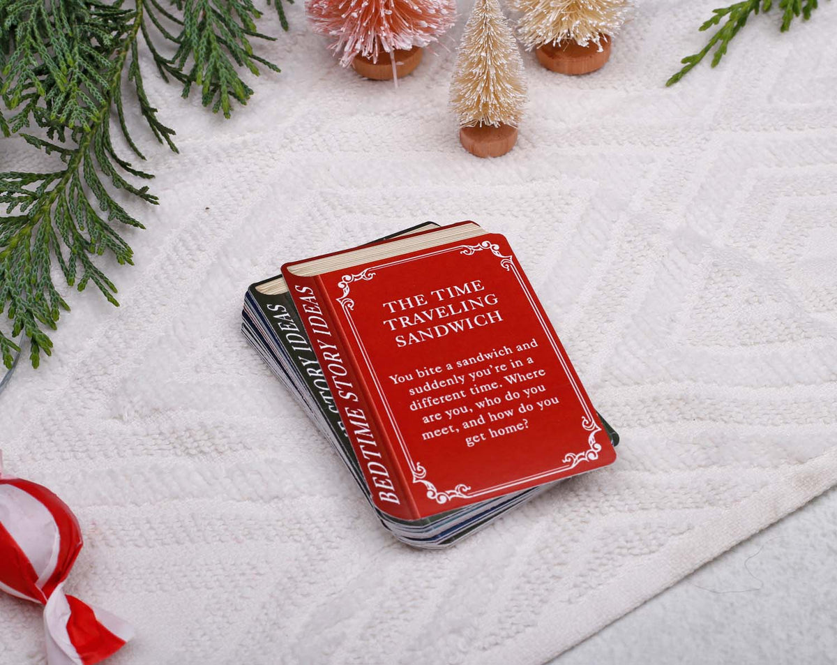 Story Book Idea Advent Calendar with colorful story cards featuring bedtime story titles on a cozy surface.