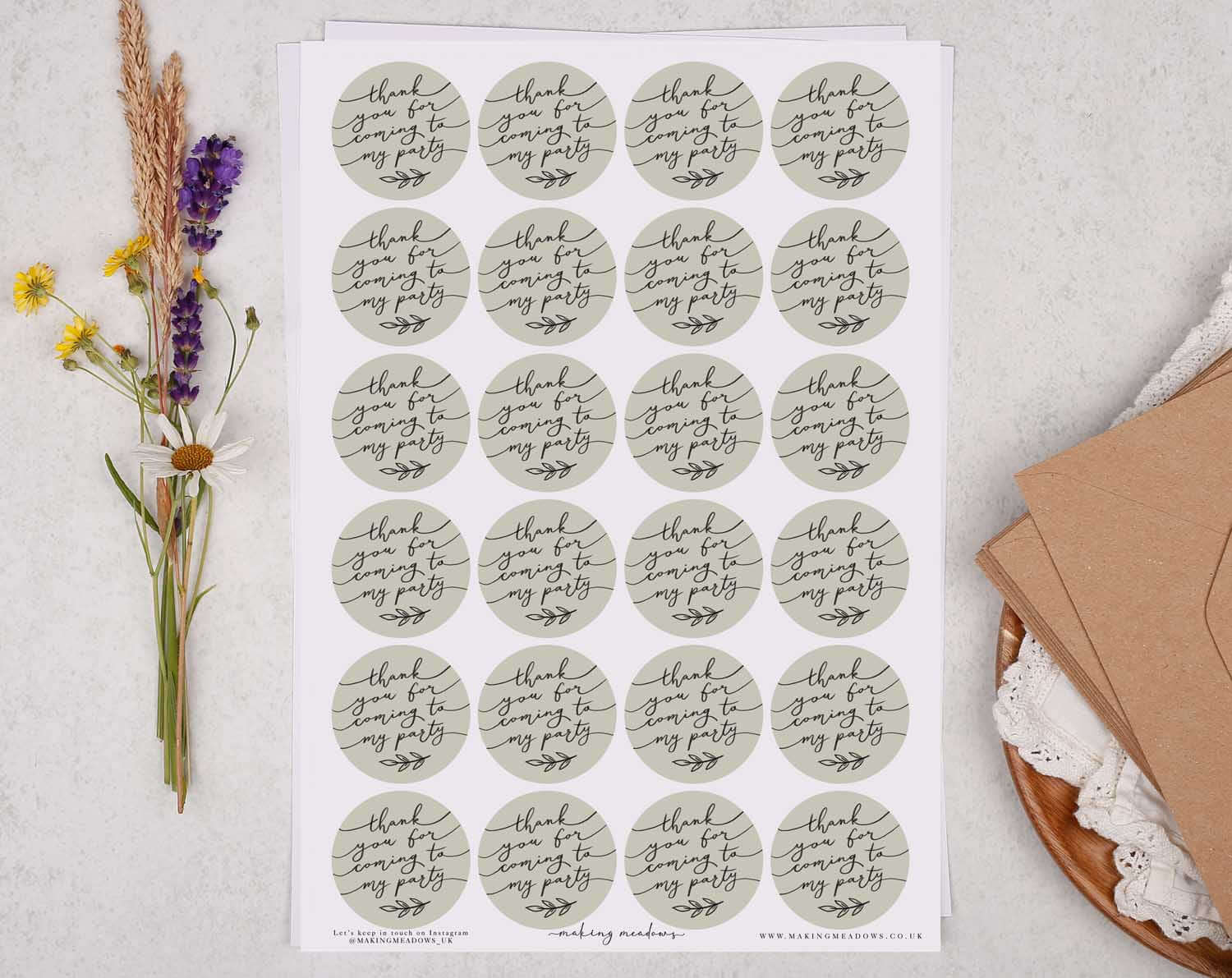 Thank You For Coming To My Party Sticker Sheet. Decorative Stickers designed by Making Meadows