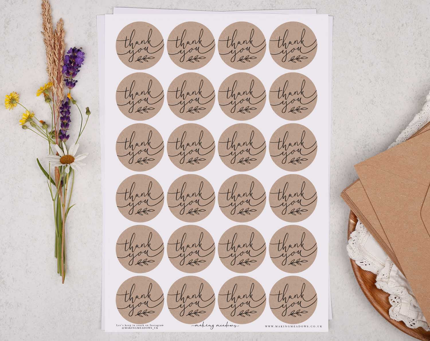 botanical 'Thank You' Envelope Seals, circle sticker sheets