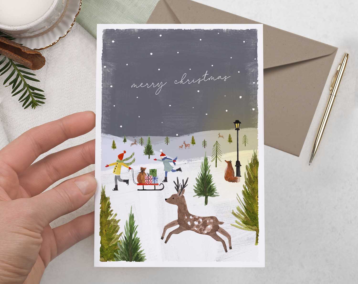 Prancing Deer Merry Christmas Card