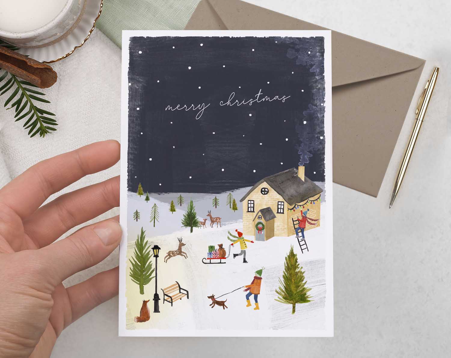 Snow Cottage Merry Christmas Card