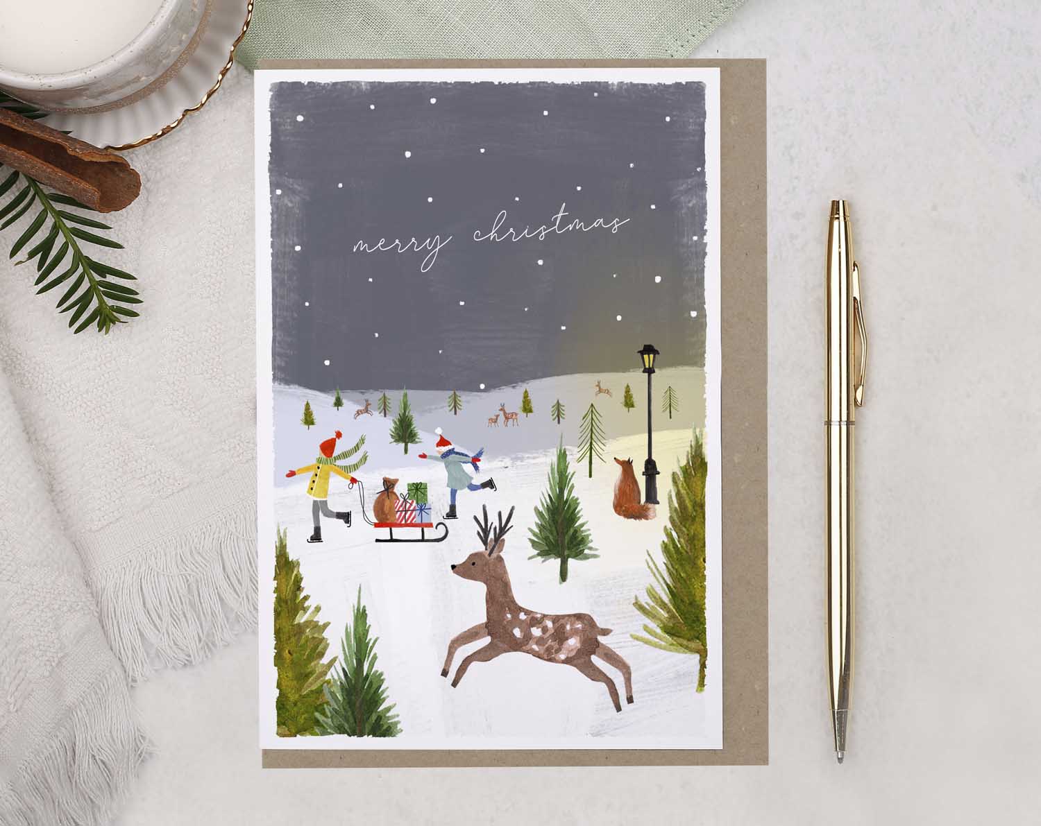 Prancing Deer Merry Christmas Card