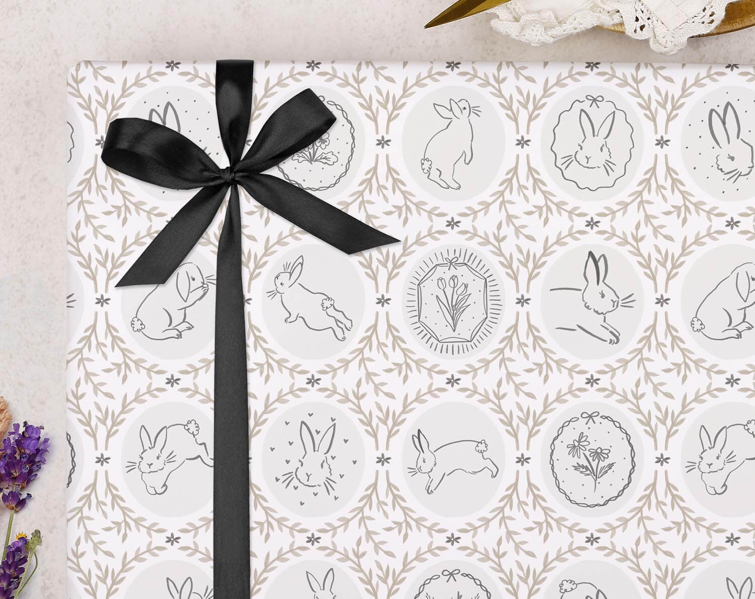 Traditional Bunny Wrapping Paper Neutral Beige. Wrapping Paper designed by Making Meadows