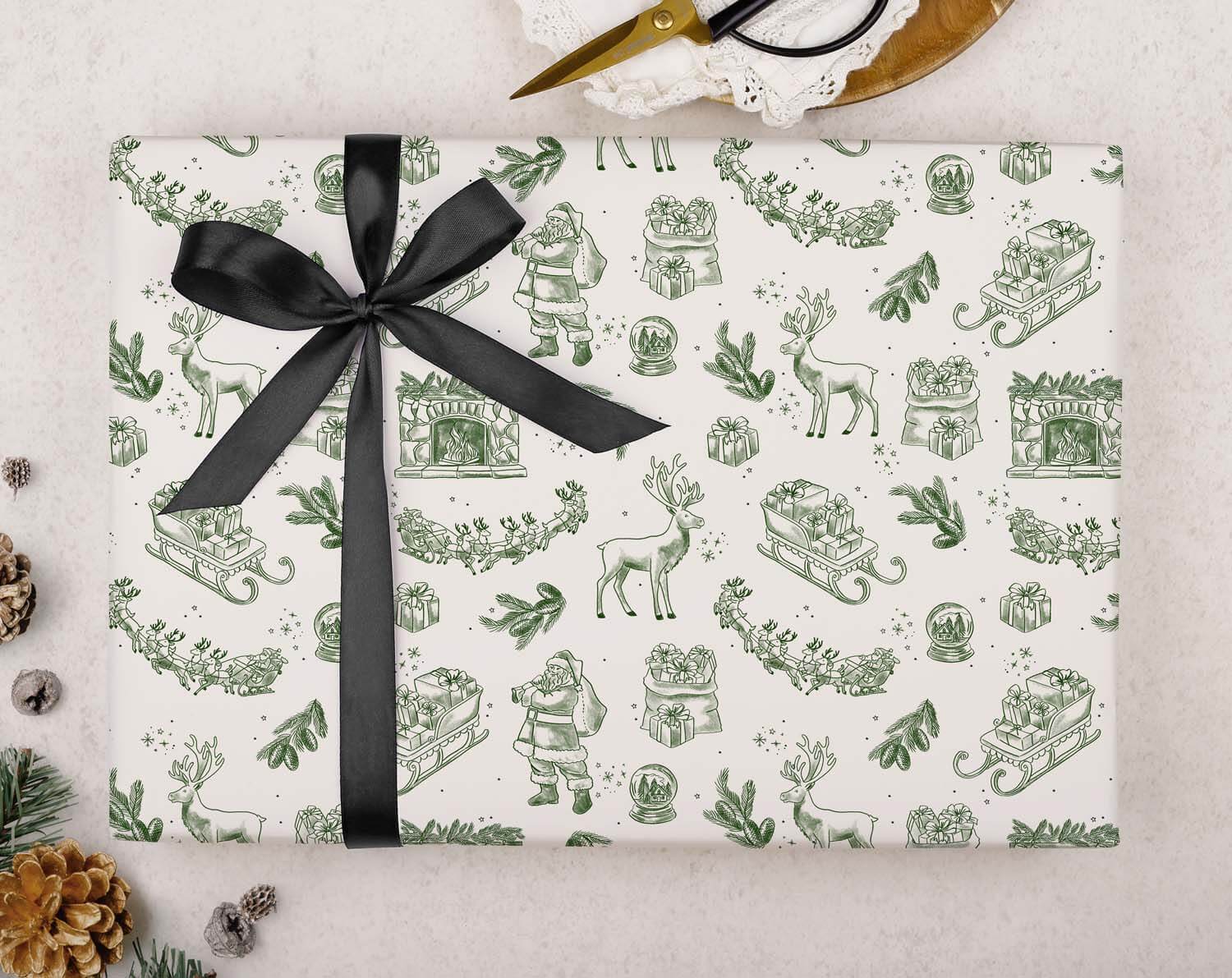 Traditional Green Christmas Wrapping Paper featuring festive motifs and a black ribbon bow.