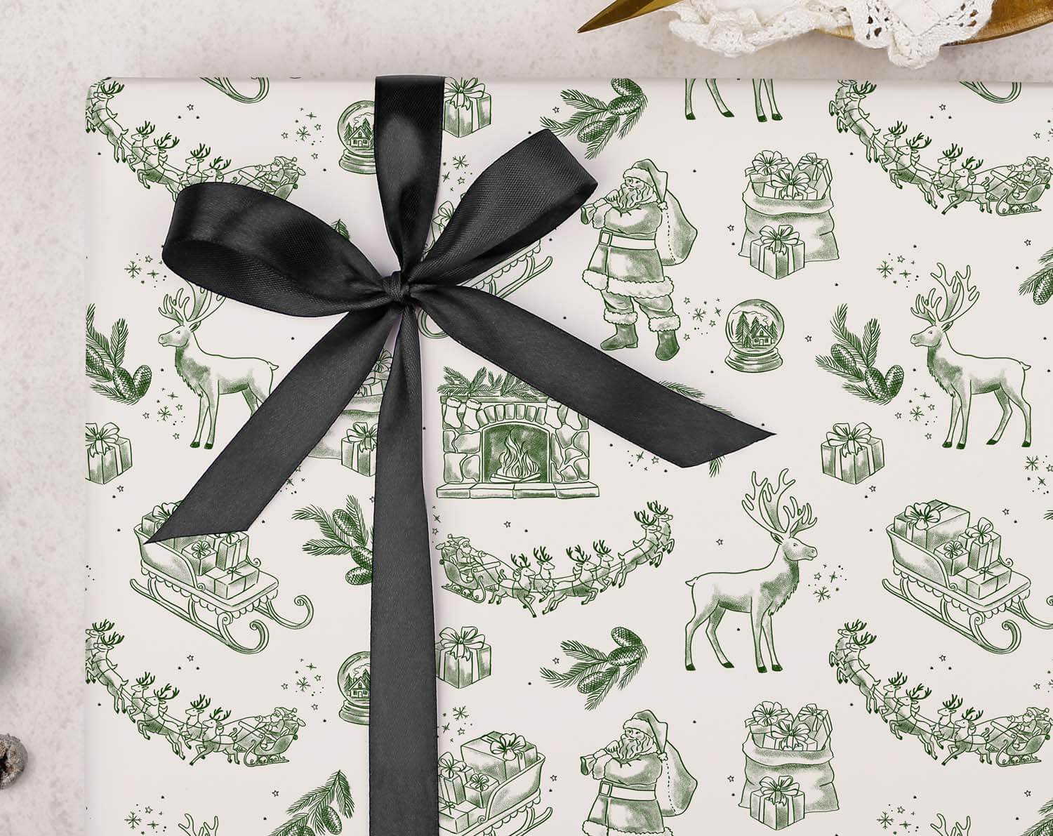 Traditional Green Christmas Wrapping Paper featuring holiday illustrations and a black ribbon bow.