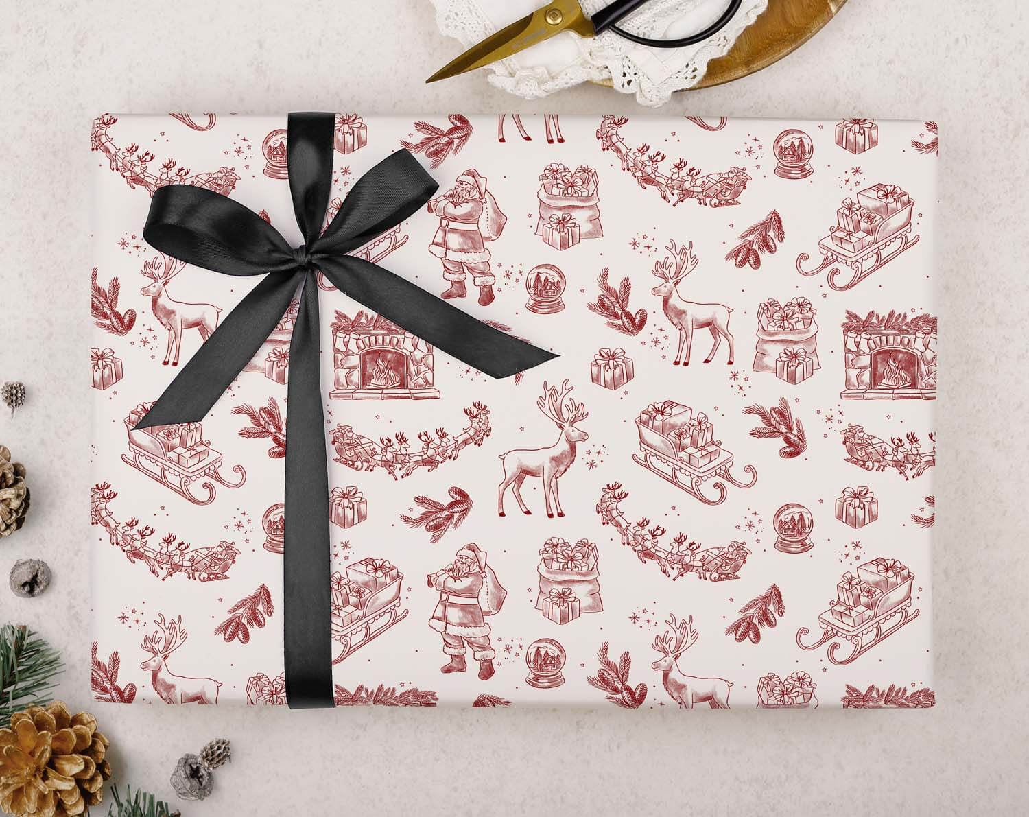 Traditional Red Christmas Wrapping Paper with festive illustrations and a black ribbon bow, perfect for holiday gifts.