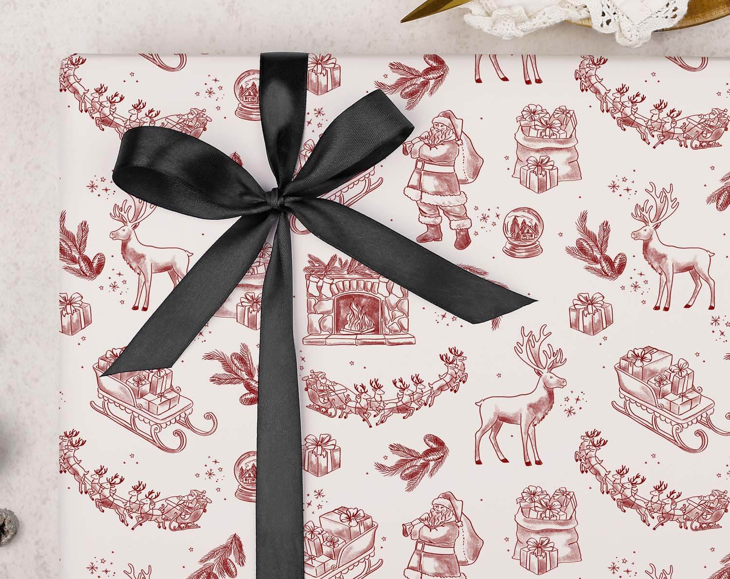 Traditional Red Christmas Wrapping Paper featuring Santa, reindeer, and festive gifts with a black bow.