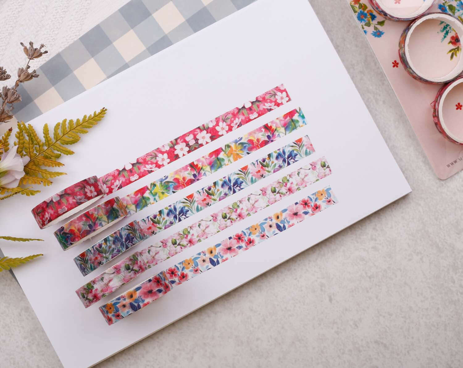 Tropical Floral Washi Tape variety pack displayed on white paper with floral patterns.