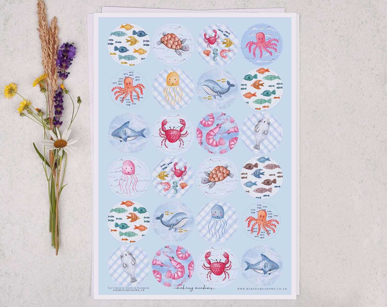 Under The Sea A4 Sticker Sheet featuring colorful sea creatures and designs on a blue background.