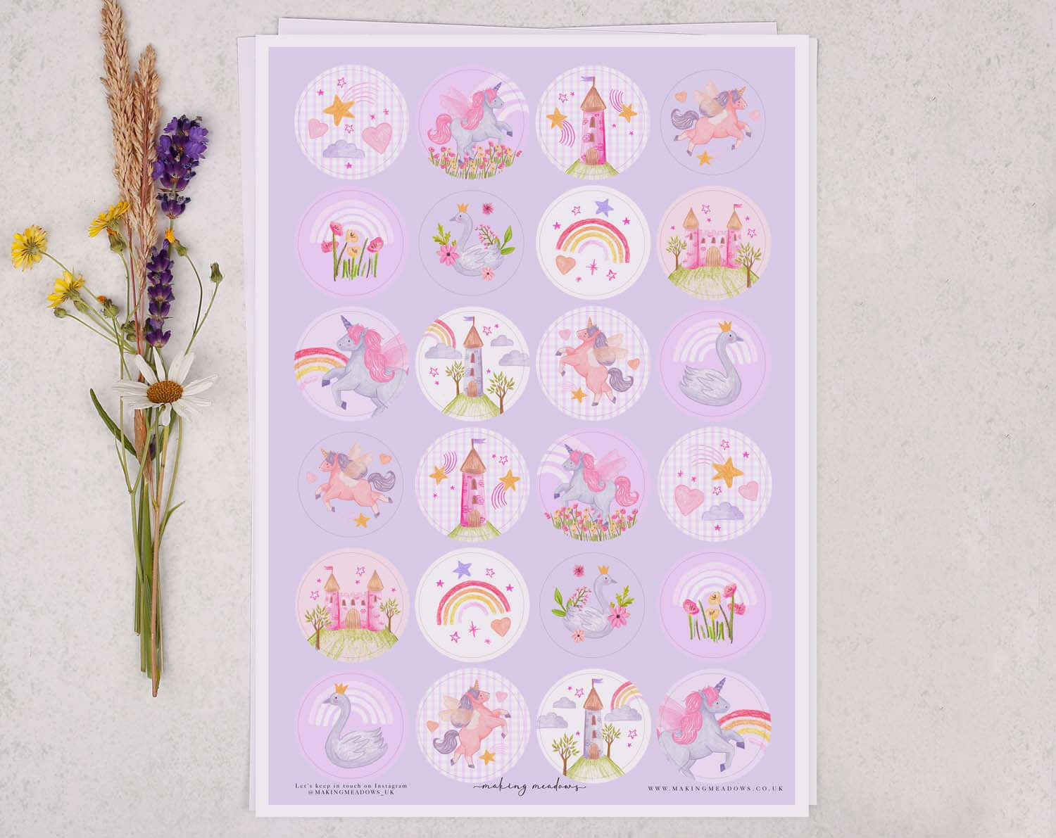 Unicorn A4 Sticker Sheet featuring colorful unicorn designs, rainbows, and flowers, perfect for kids' crafts and stationery.
