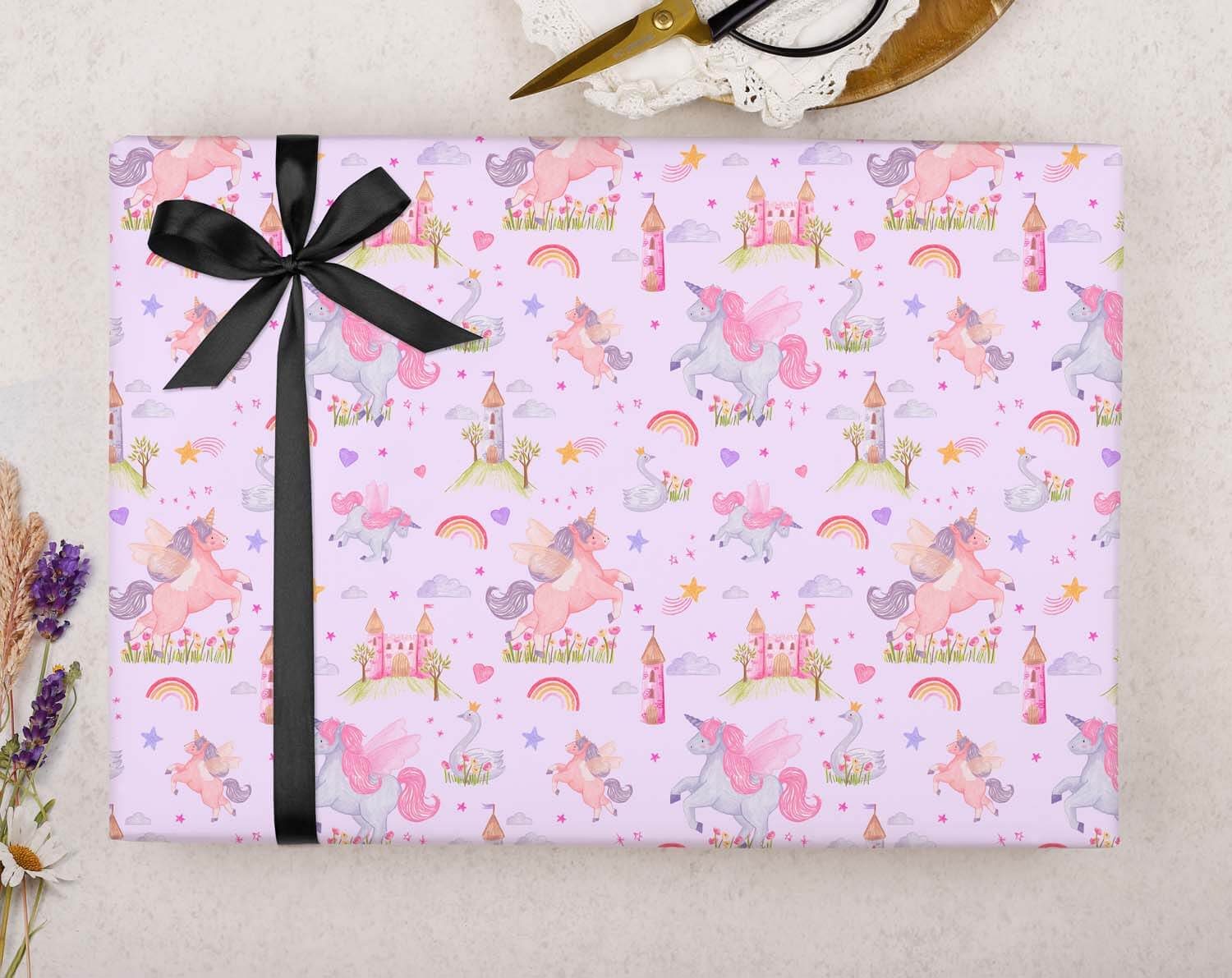 Unicorn Birthday Wrapping Paper featuring a cute princess theme and colorful unicorns, perfect for wrapping gifts for a child's birthday.
