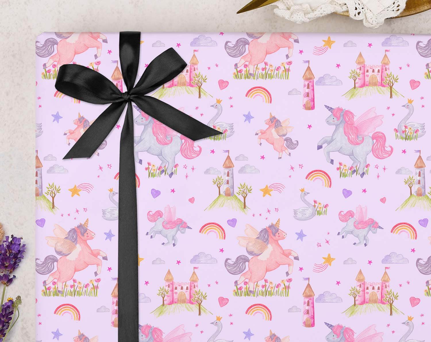 Unicorn Birthday Wrapping Paper with colorful unicorns and castles, ideal for birthday gifts for girls.