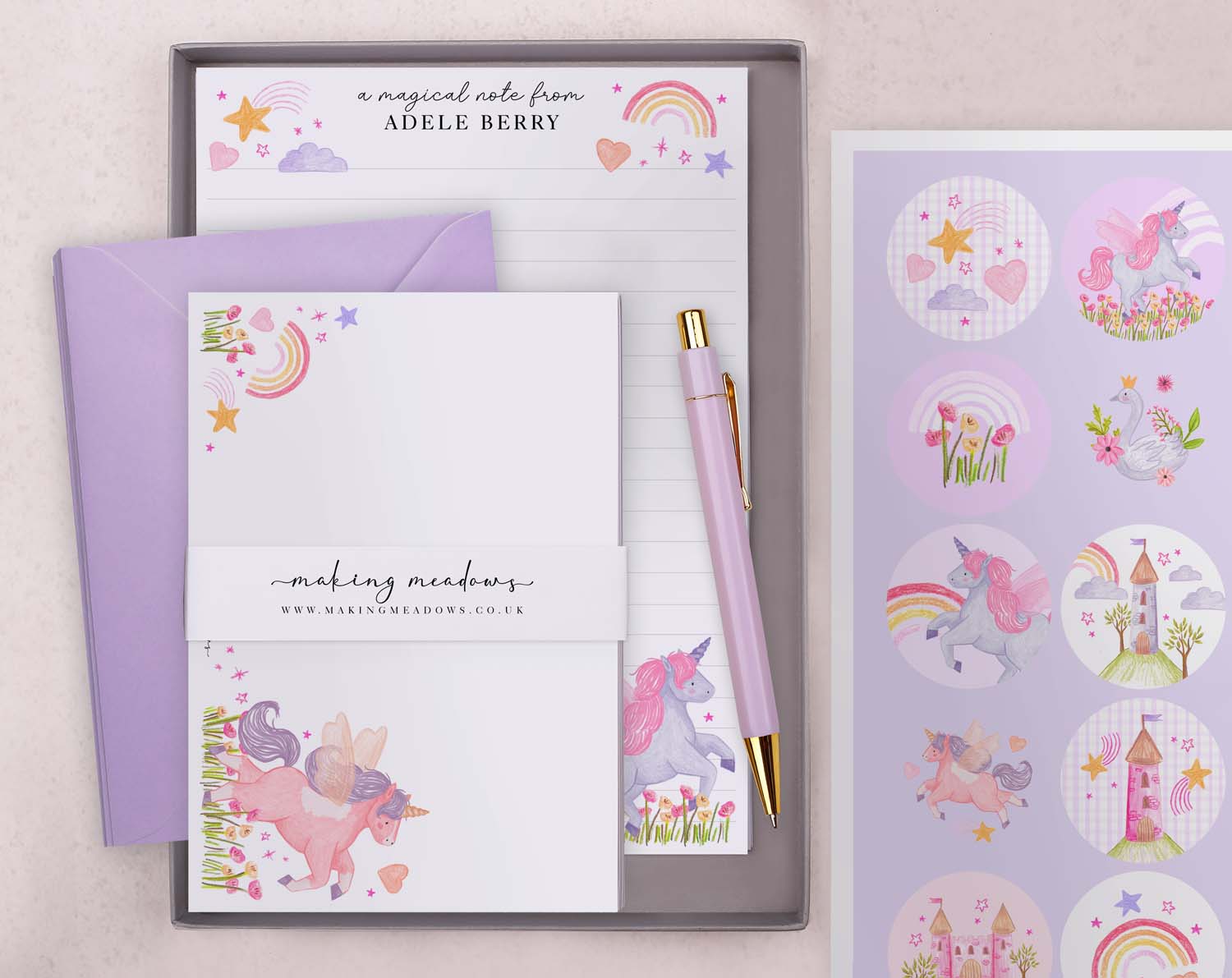 Personalised Children's Stationery Set With Unicorn Design