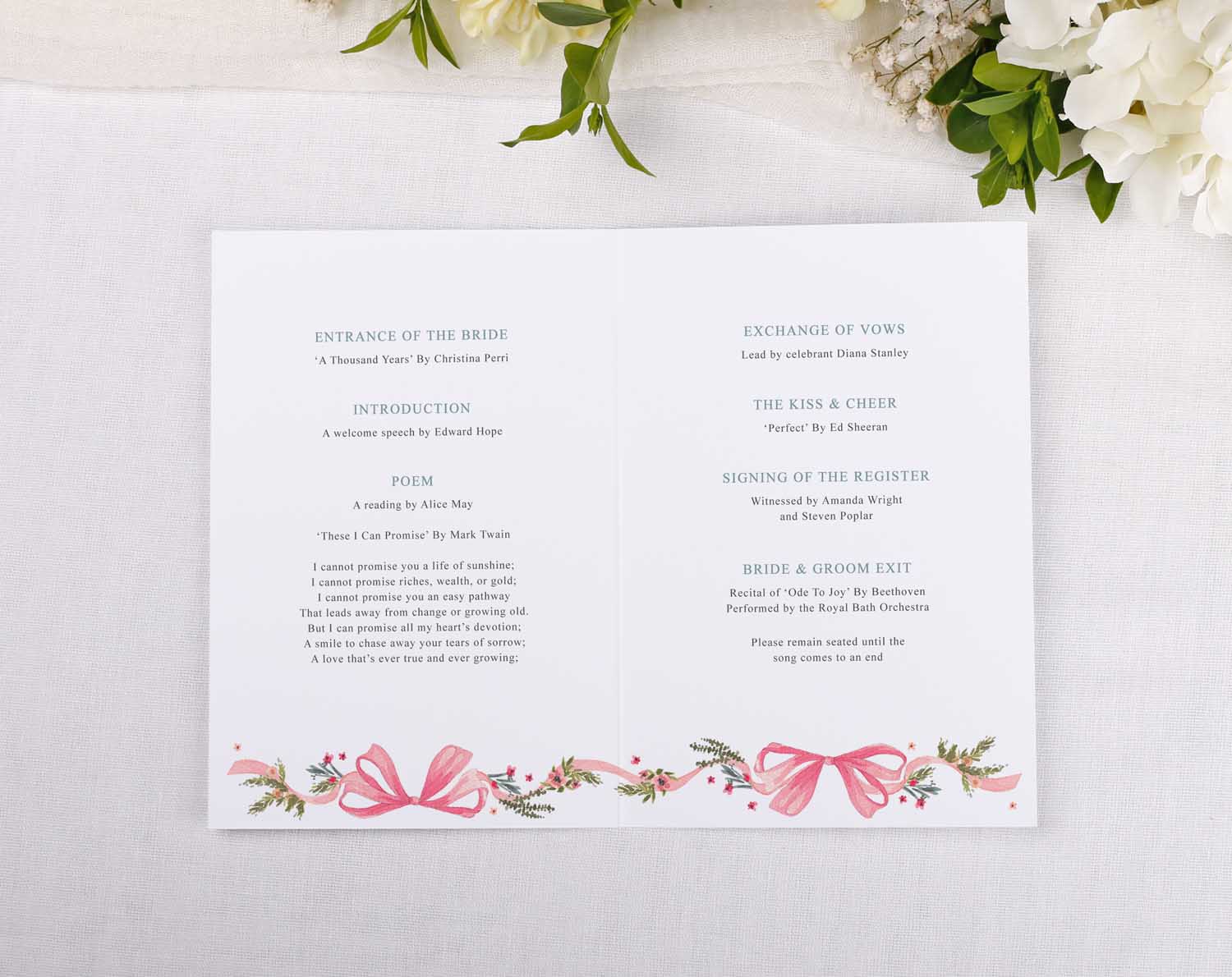 Vintage Order Of Service booklet featuring a pink ribbon bow and floral design for a wedding ceremony.
