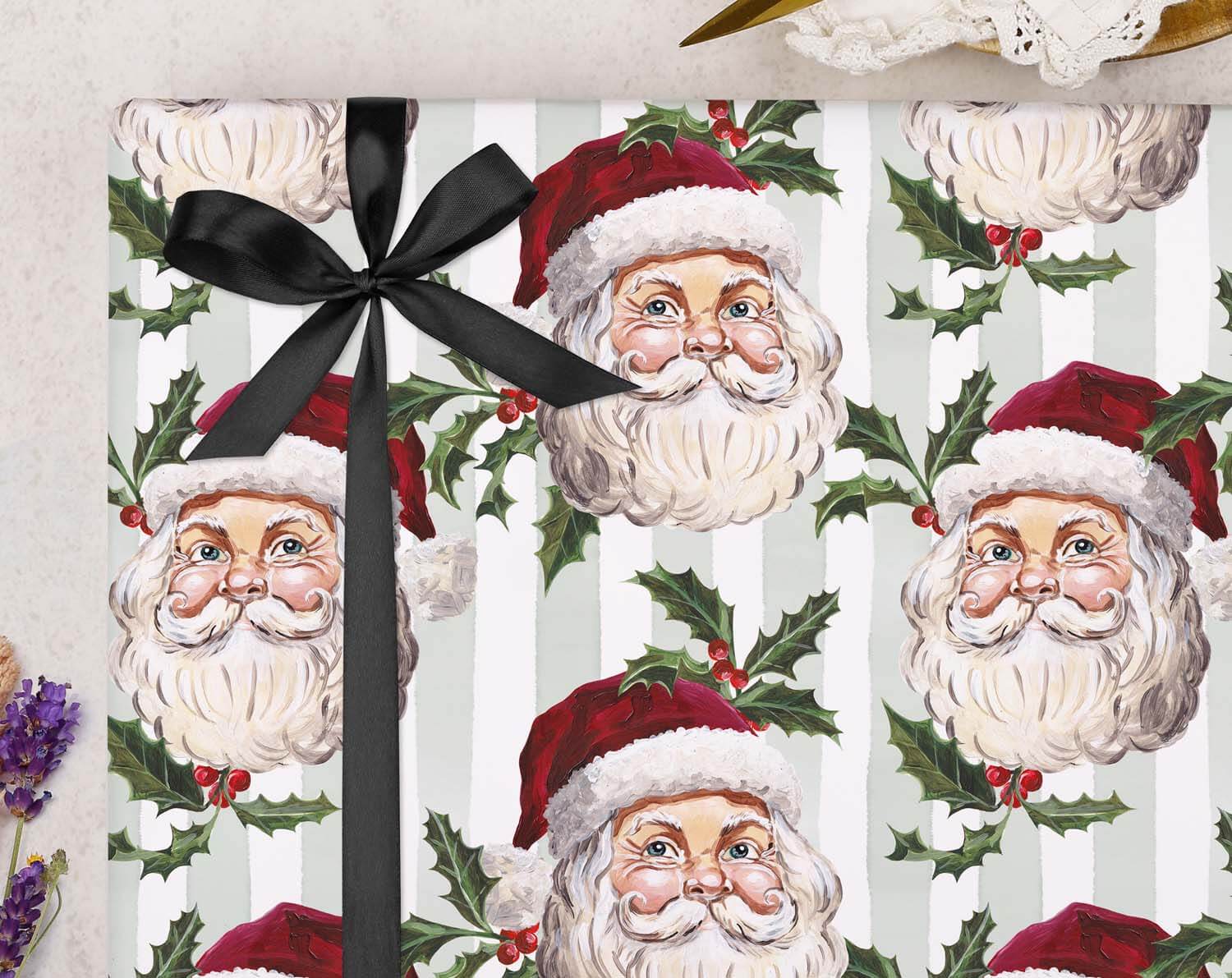 Vintage Santa & Mistletoe Christmas Wrapping Paper Green designed by Making Meadows