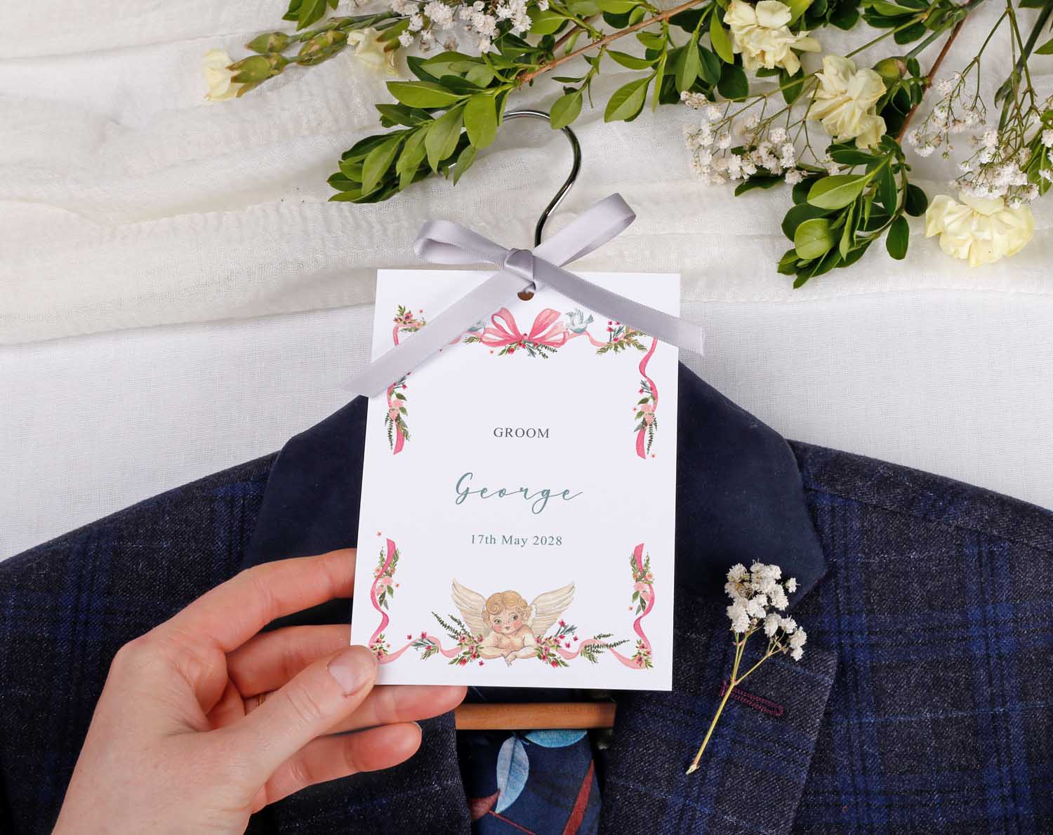 Vintage Wedding Hanger Tags for groom with floral design, personalized for George, dated 11th May 2028.