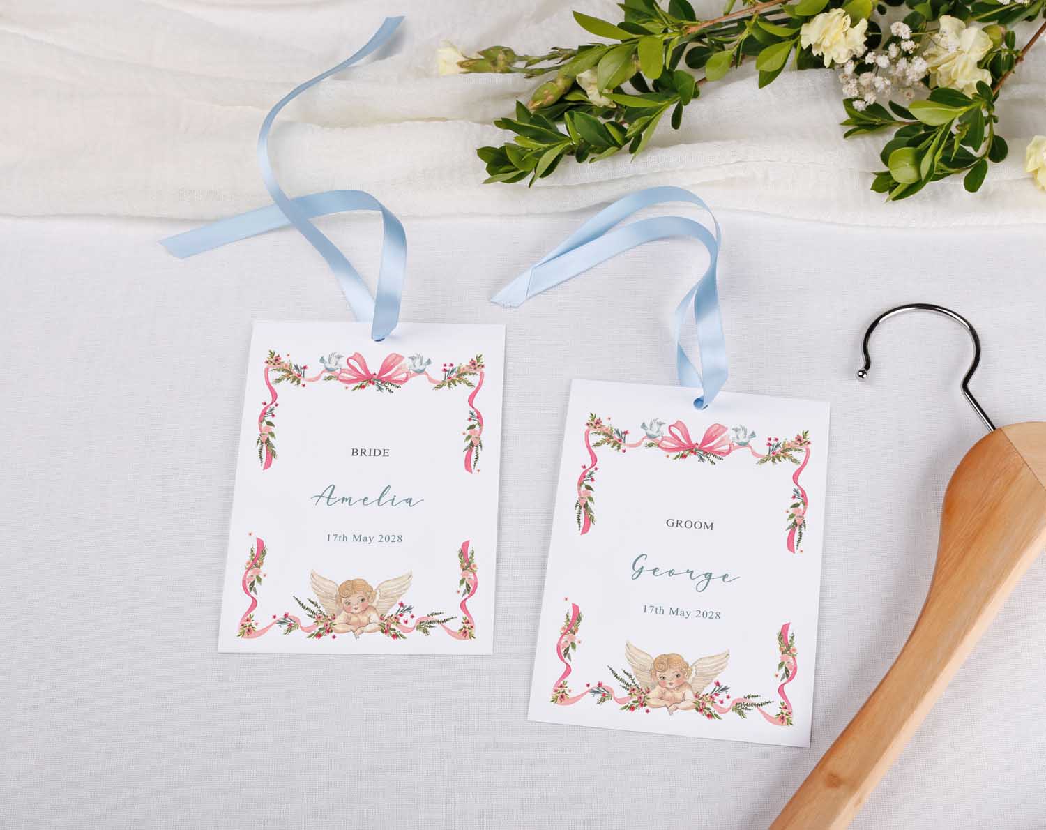 Vintage Wedding Hanger Tags featuring personalized bride and groom tags with floral designs and ribbons.