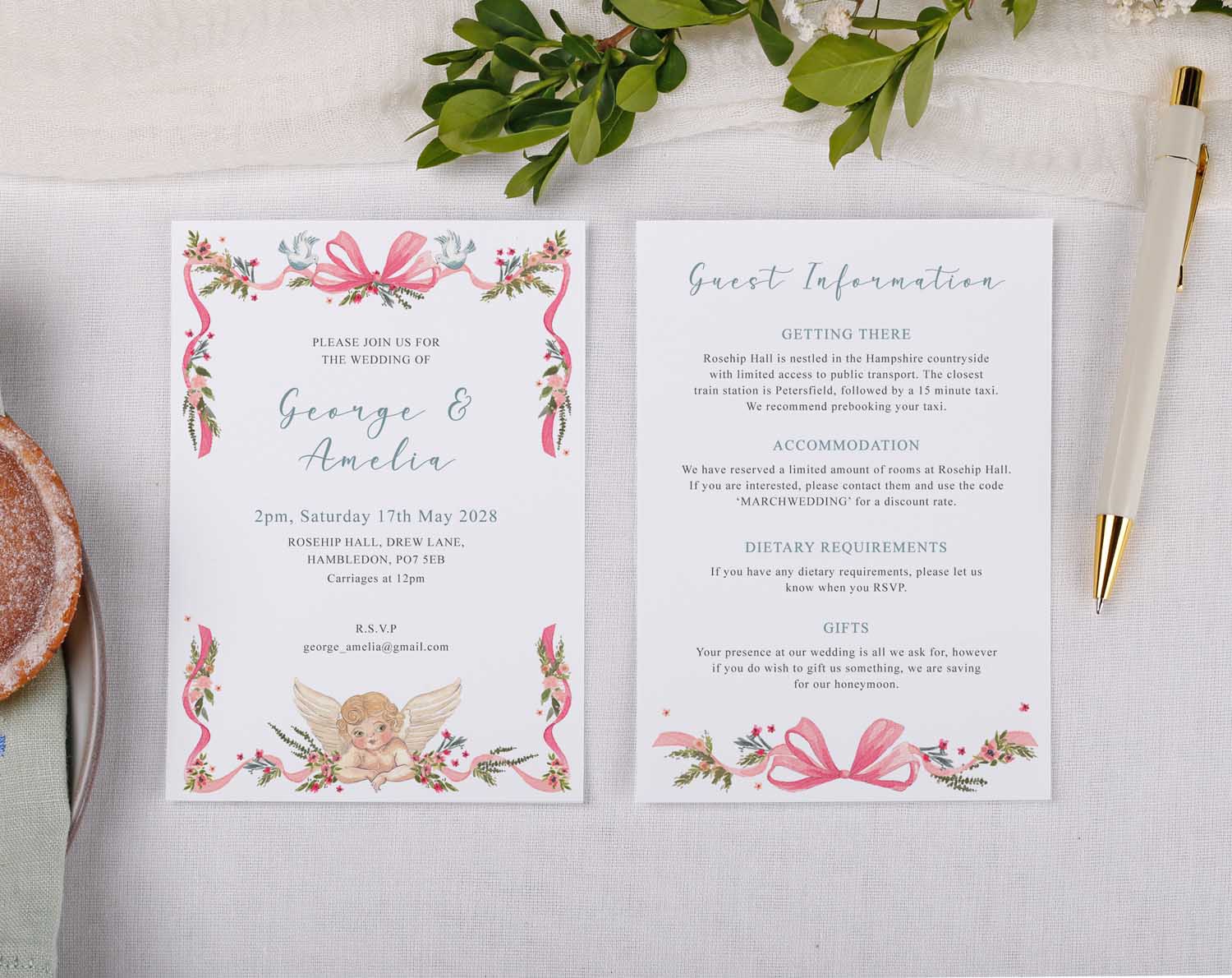 Vintage Wedding Information Cards featuring details for George & Amelia's wedding on 17th May 2028.