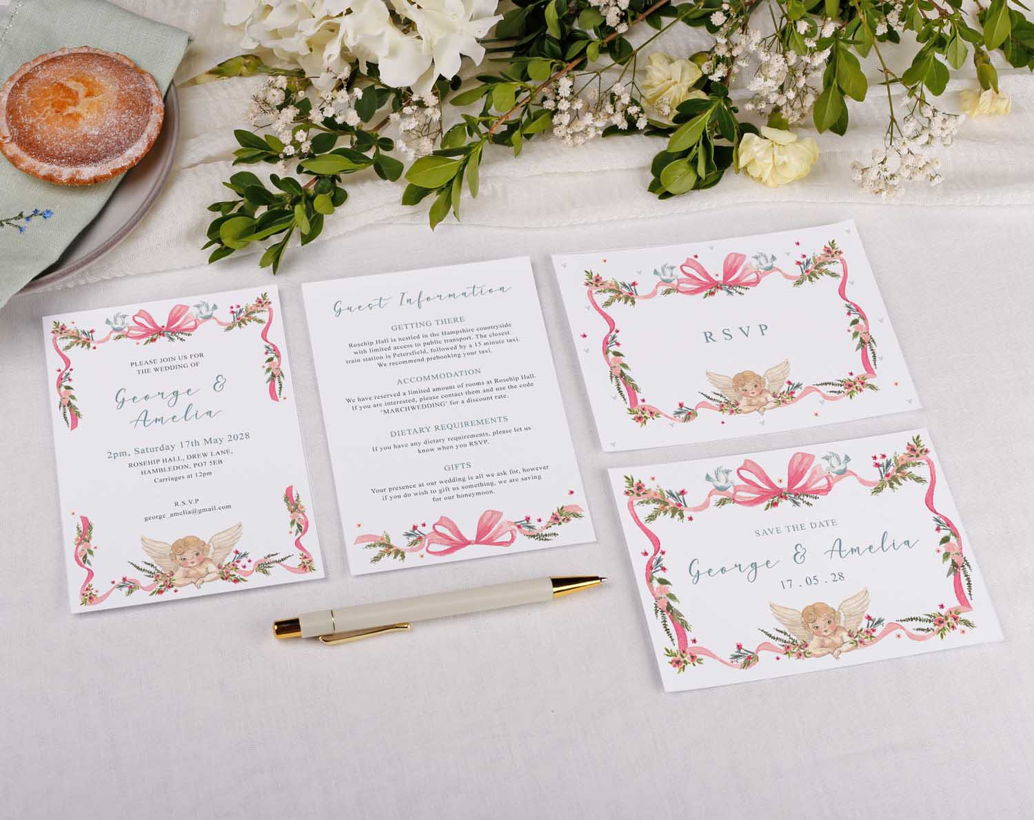 Vintage Wedding Information Cards featuring floral designs and RSVP details for a wedding invitation suite.