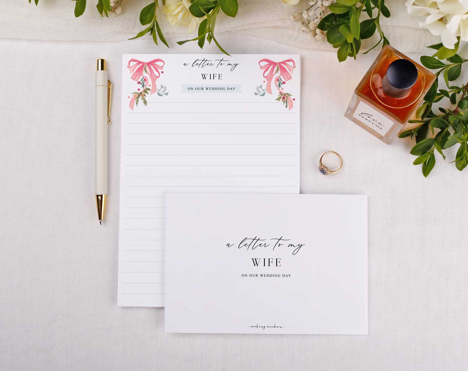 Vintage Wedding Letter to My Wife kit featuring writing paper, envelope, and elegant pen on a floral background.