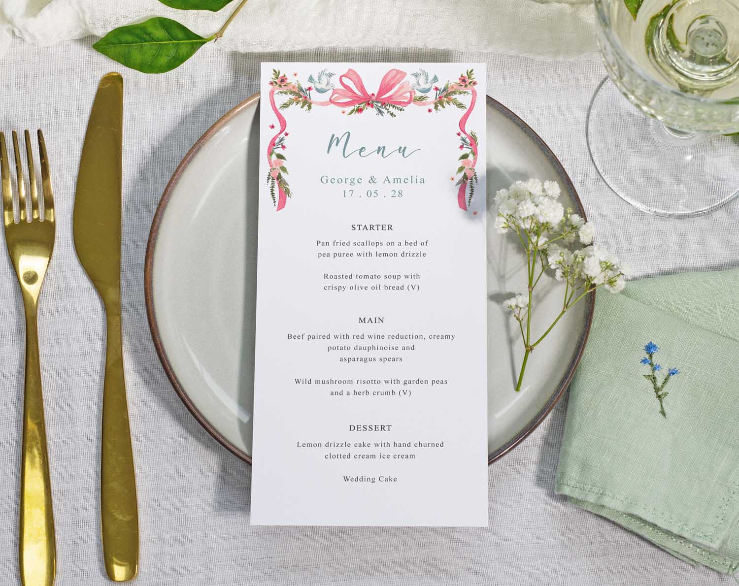 Vintage Wedding Menus displayed elegantly on a wedding table setting with retro floral details.