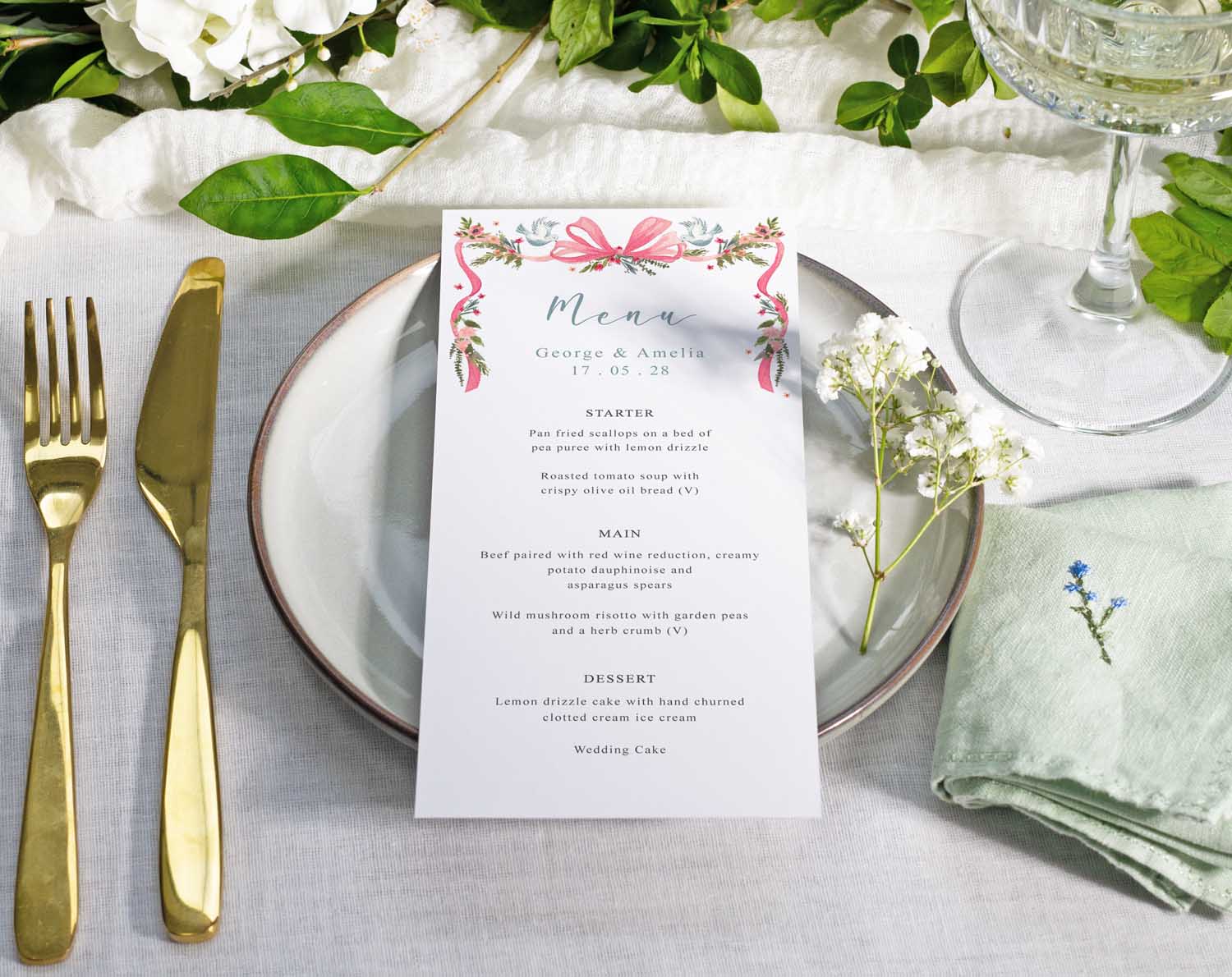 Vintage Wedding Menus with calligraphy and personalised menu choices. 