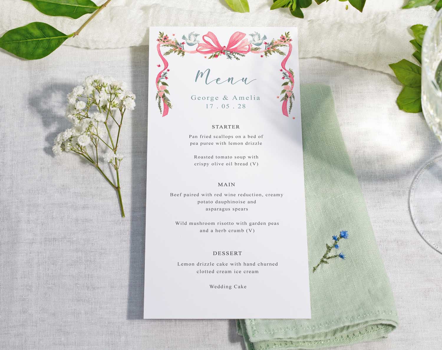 Vintage Wedding Menus showcasing a beautifully designed menu card with floral accents for a wedding reception.