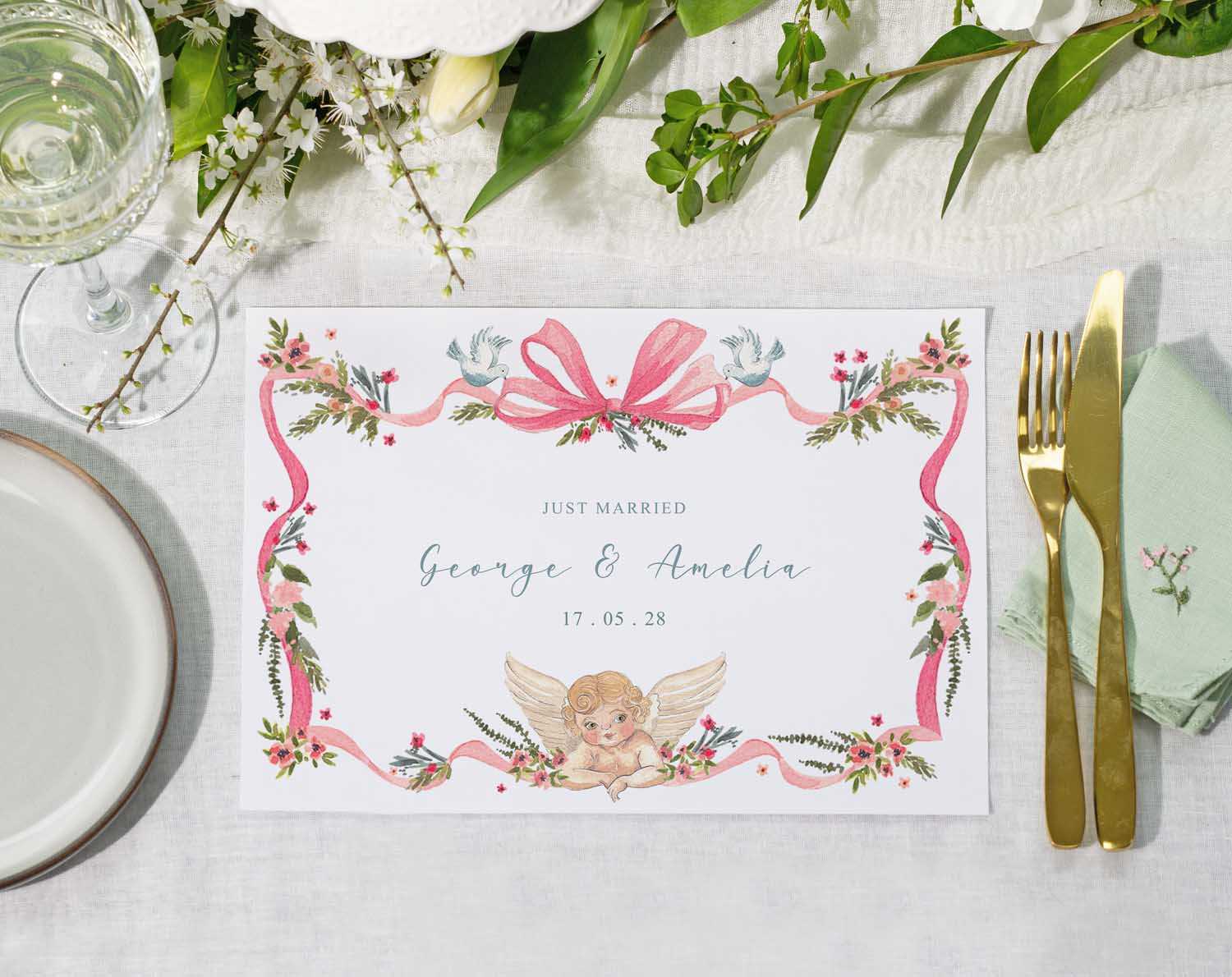 Vintage Wedding Placemats with floral design featuring 'Just Married' for elegant table settings.