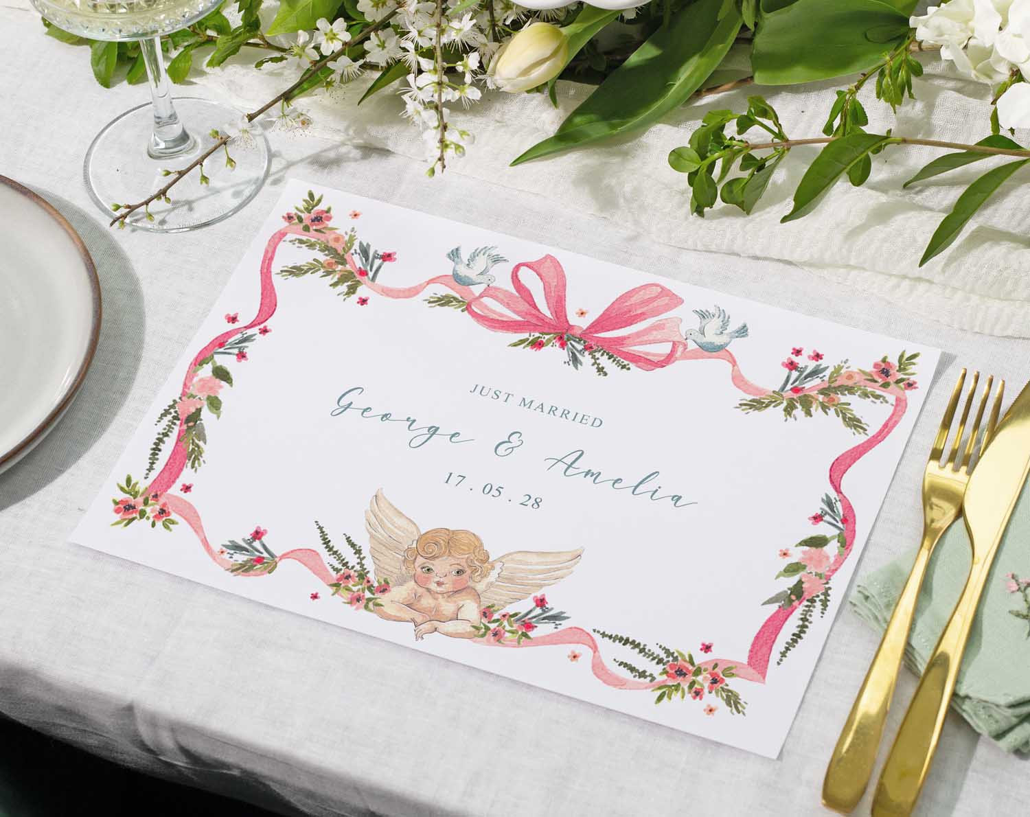 Vintage Wedding Placemats on a table featuring floral design and personalised text for a wedding celebration.