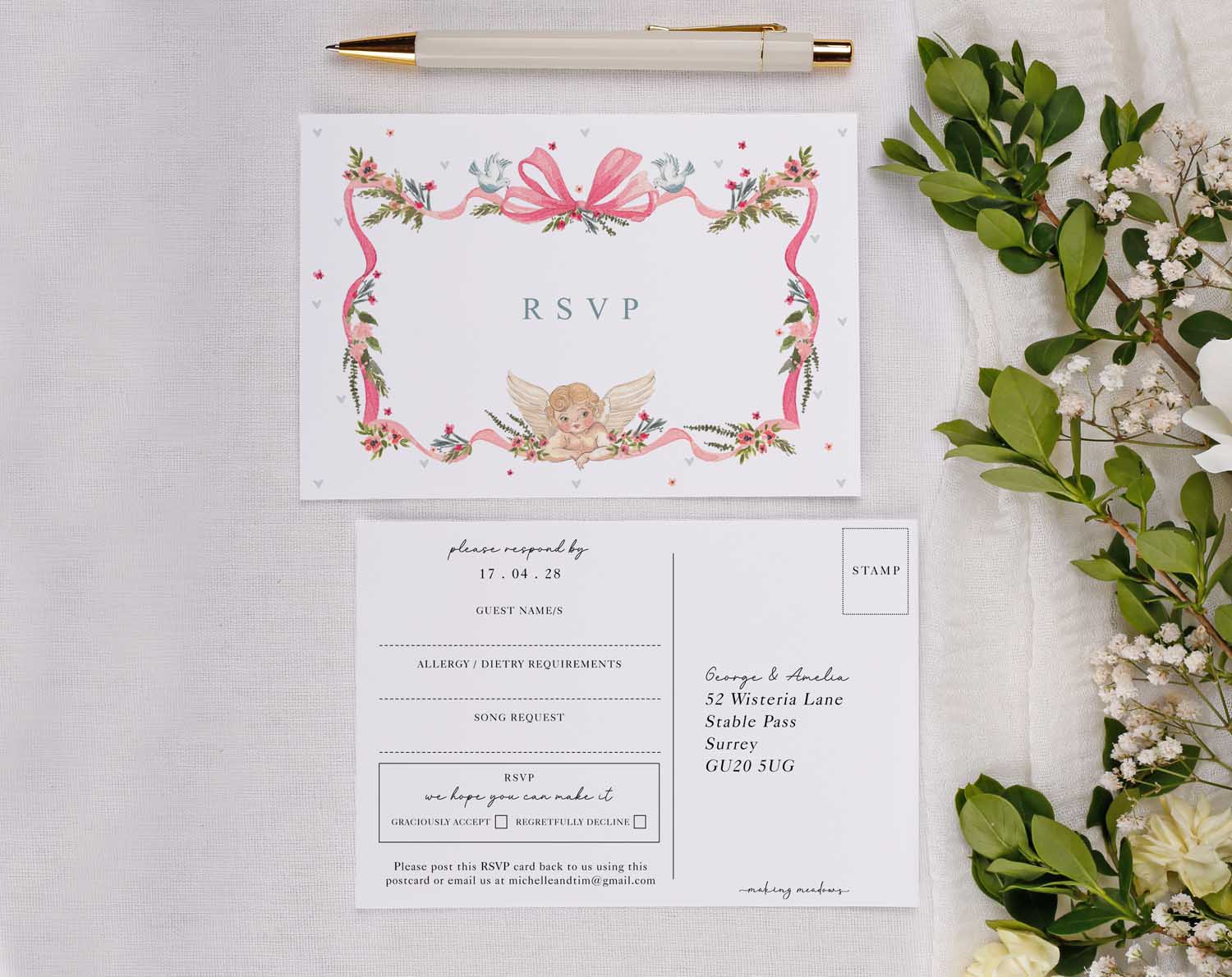 Vintage Wedding RSVP Cards with floral design and pink bow detail, ideal for coordinating your invitation suite.