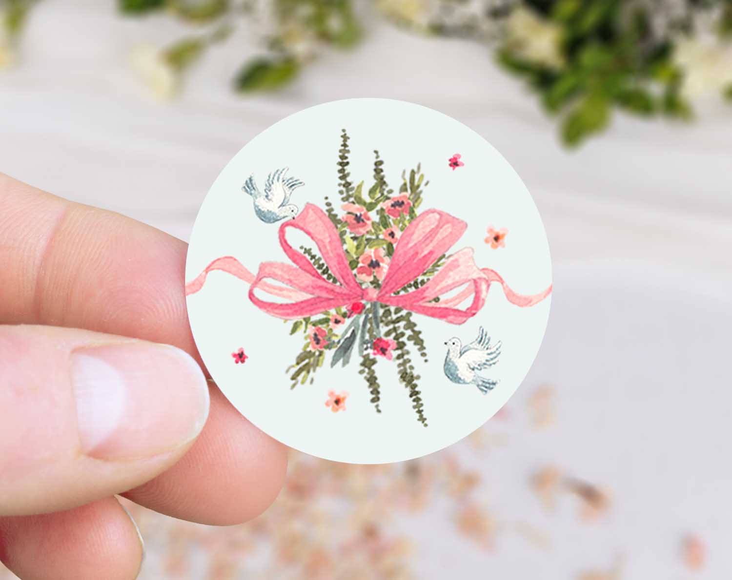 Vintage Wedding Stickers featuring floral design with ribbon and doves, perfect for sealing invitation envelopes