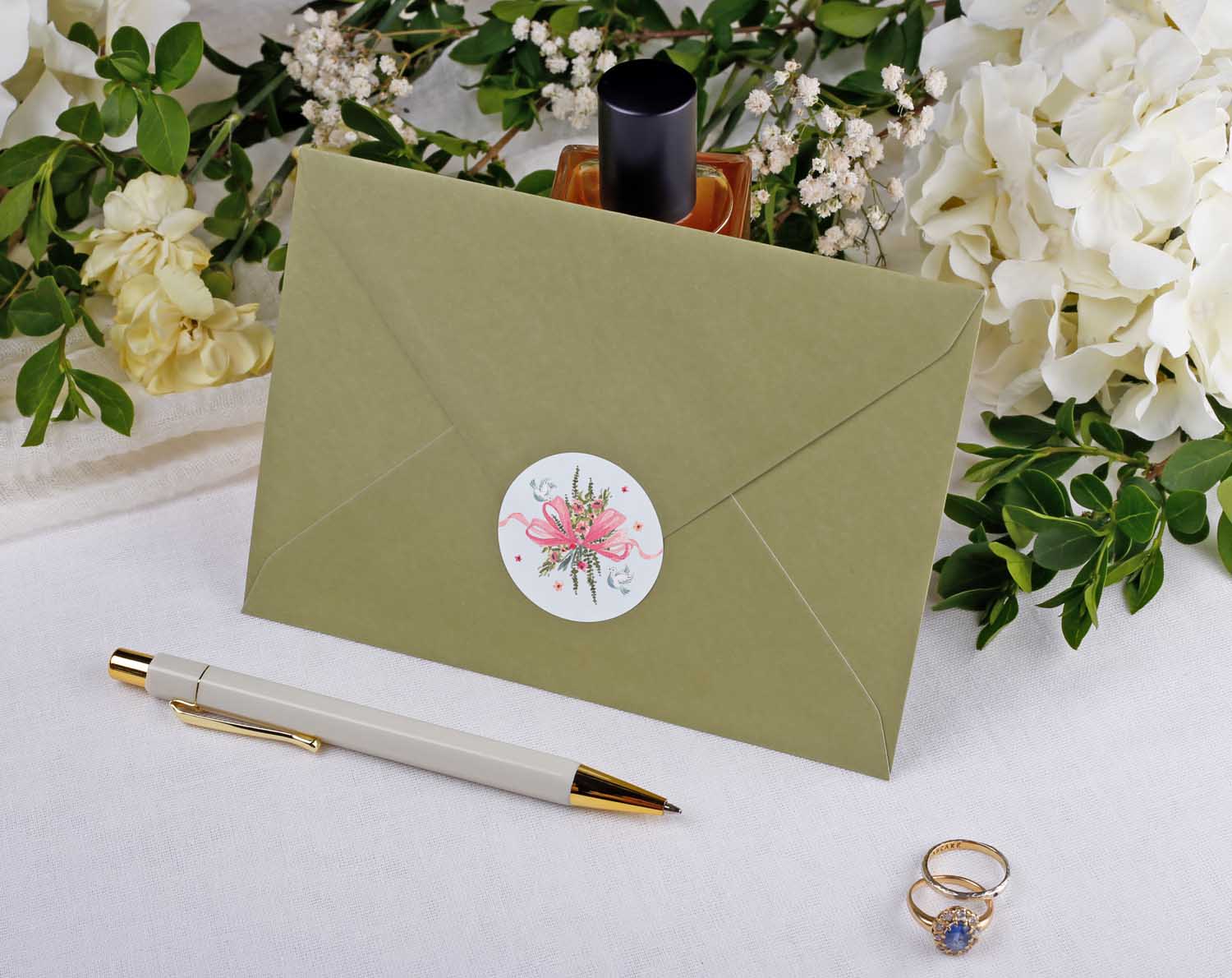 Vintage Wedding Stickers on an elegant envelope seal with a floral design, perfect for wedding stationery.