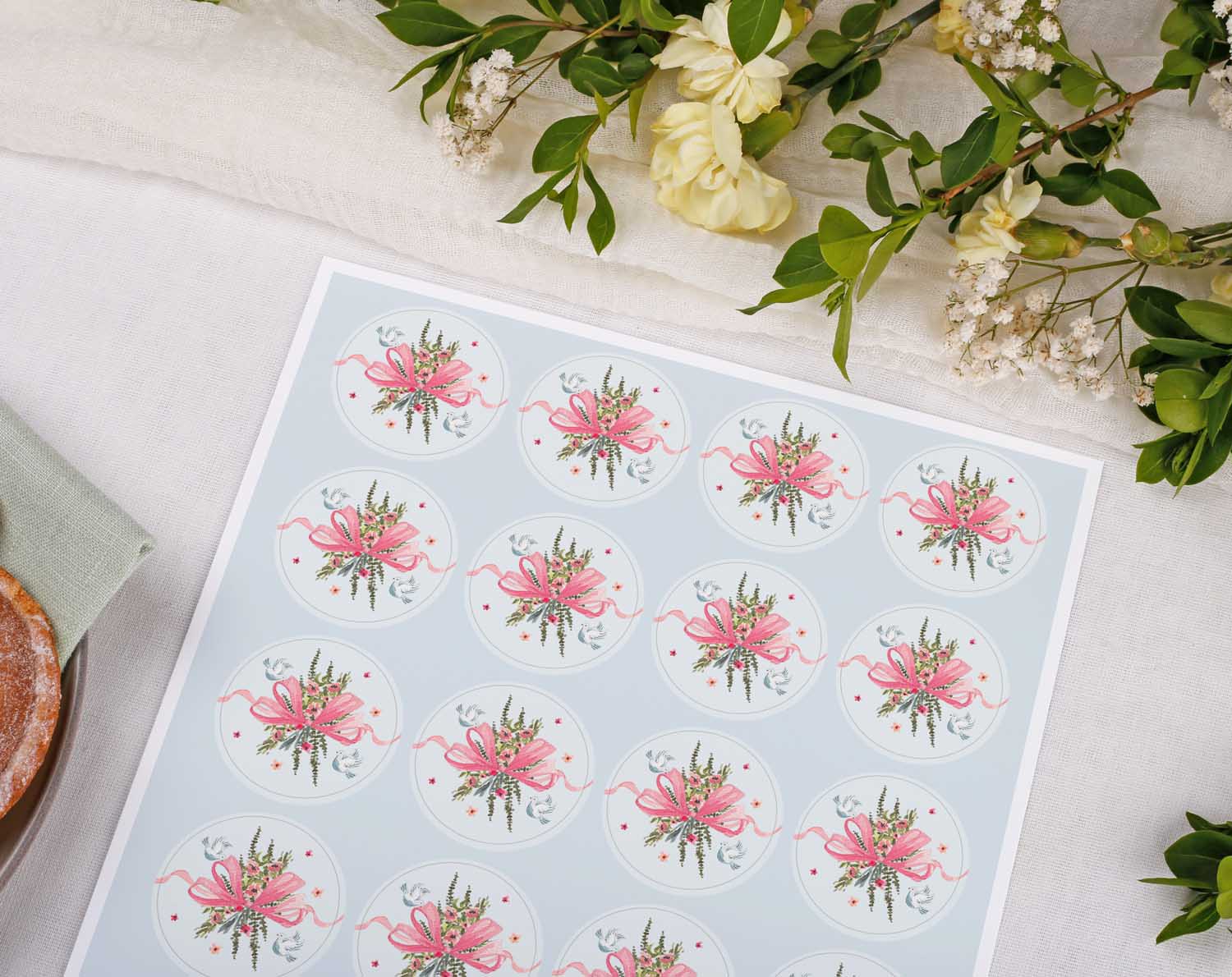 Vintage Wedding Stickers featuring floral designs on a light blue background, perfect for envelope seals.