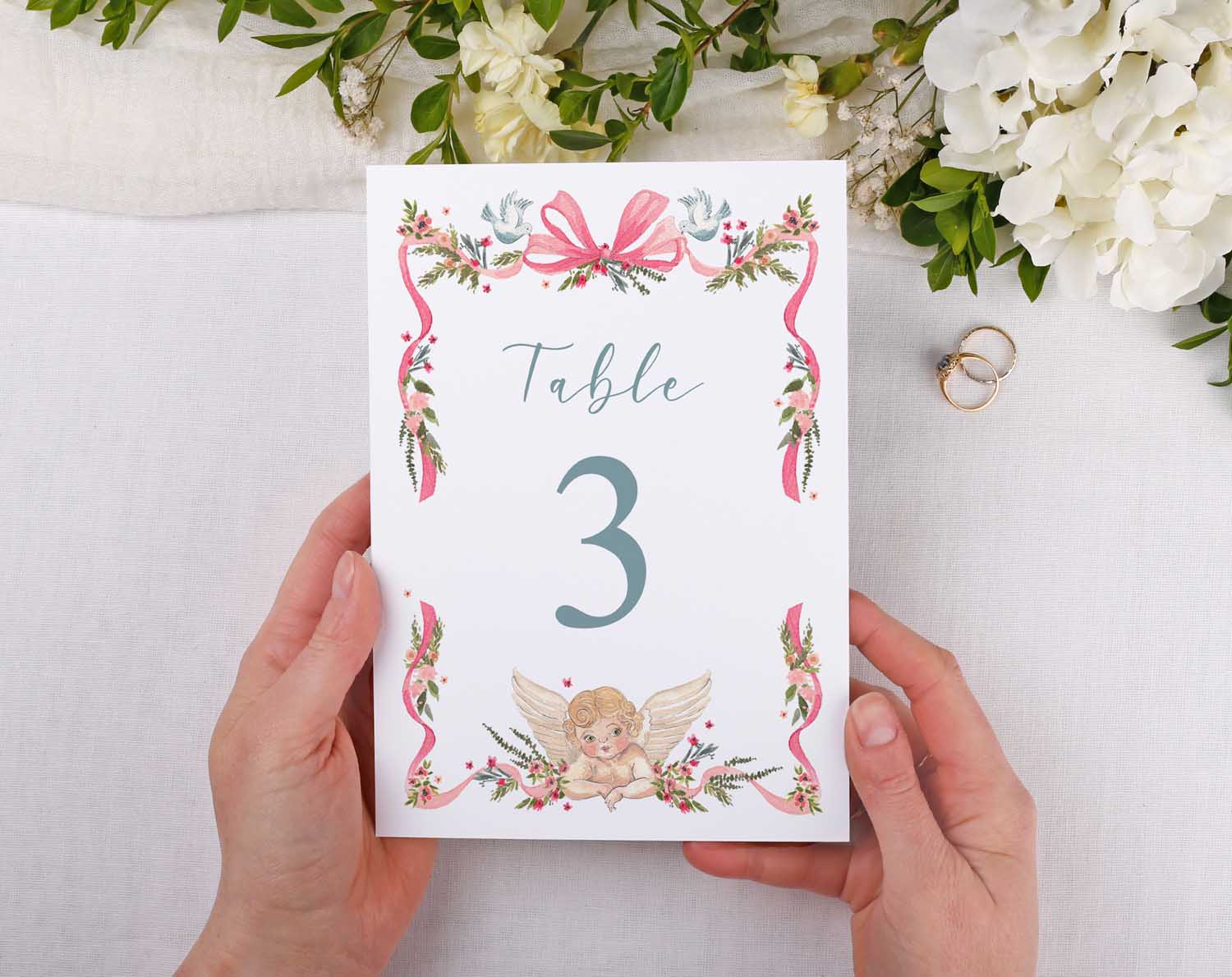 Vintage Wedding Table Numbers showing Table 3 with floral design and angel illustration.