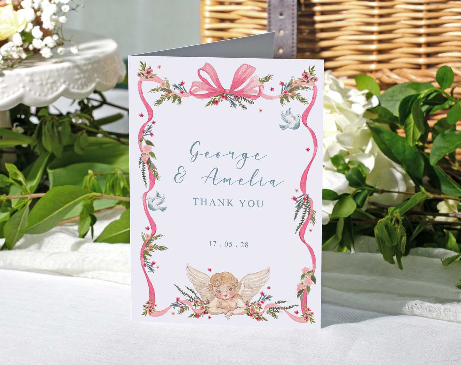 Vintage Wedding Thank You Cards featuring floral design, angel illustration, and personalized message for George & Amelia.